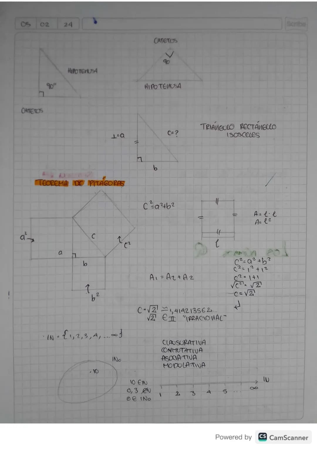 ```markdown
CS
05 02 24 Scribe
CATETOS
78
HIPOTENDA
90°
HIPOTENUSA
CATETOS
i
C=?
1=a
キ
TEOREMA DO PITAGORAS
a
C
(2
b
1
"b²
・IN={1,
