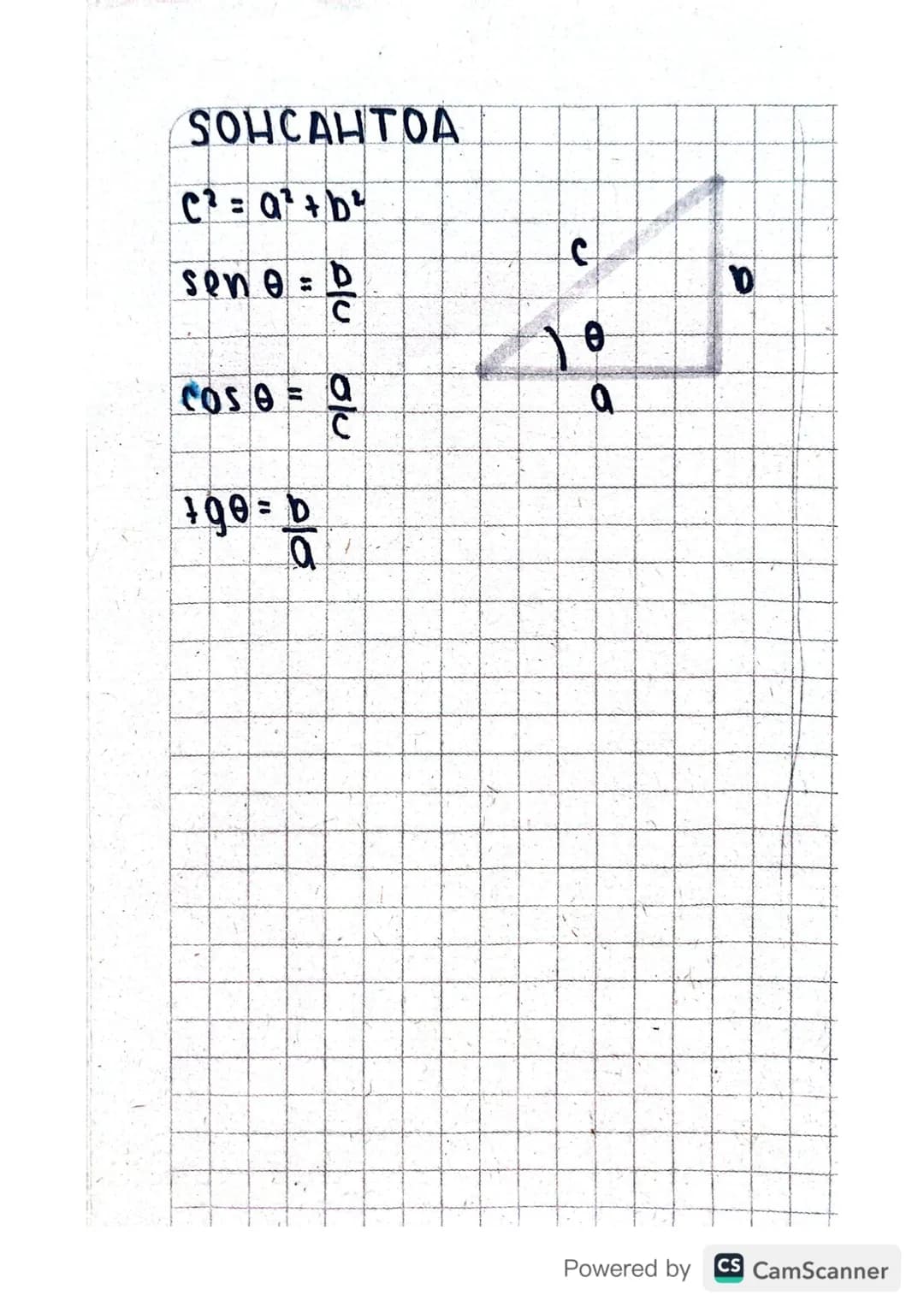 SOHCAHTOA
C² = a²+b²
$sen \theta = \frac{b}{c}$
$cos \theta = \frac{a}{c}$
$t9\theta = \frac{b}{a}$
c
b
θ
a
Powered by
CS CamScann