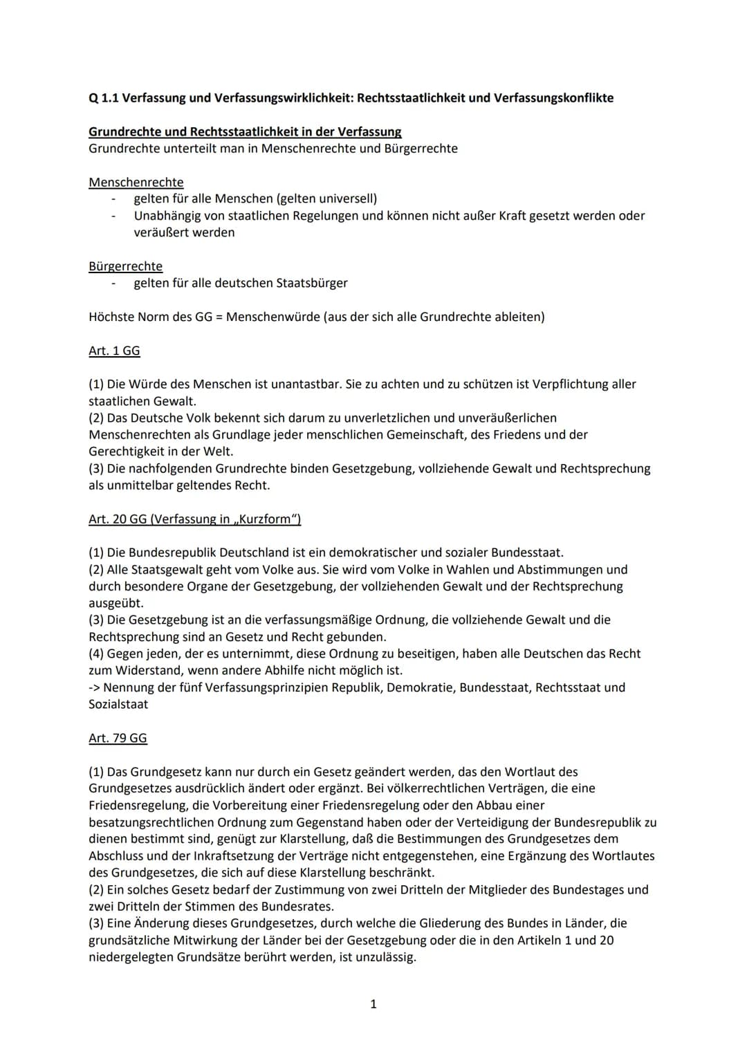 # Q 1.1 Verfassung und Verfassungswirklichkeit: Rechtsstaatlichkeit und Verfassungskonflikte
Grundrechte und Rechtsstaatlichkeit in der Ver