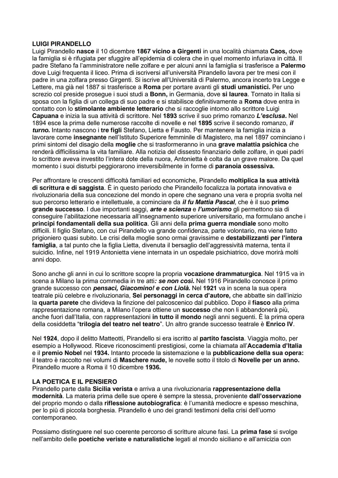 LUIGI PIRANDELLO
Luigi Pirandello nasce il 10 dicembre 1867 vicino a Girgenti in una località chiamata Caos, dove
la famiglia si è rifugiat