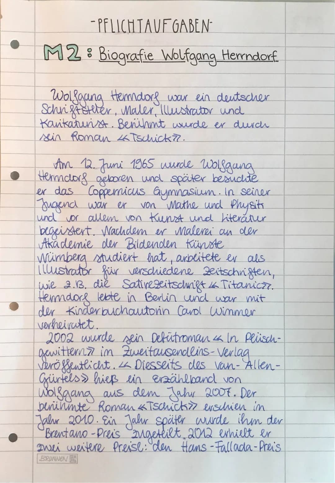 # LESETAGEBUCH
zum Roman „Tschick“ von Wolfgang Herndorf
tschick
von -PFLICHT AUFGABEN
M2: Biografie Wolfgang Herrndorf
Wolfgang Herndo