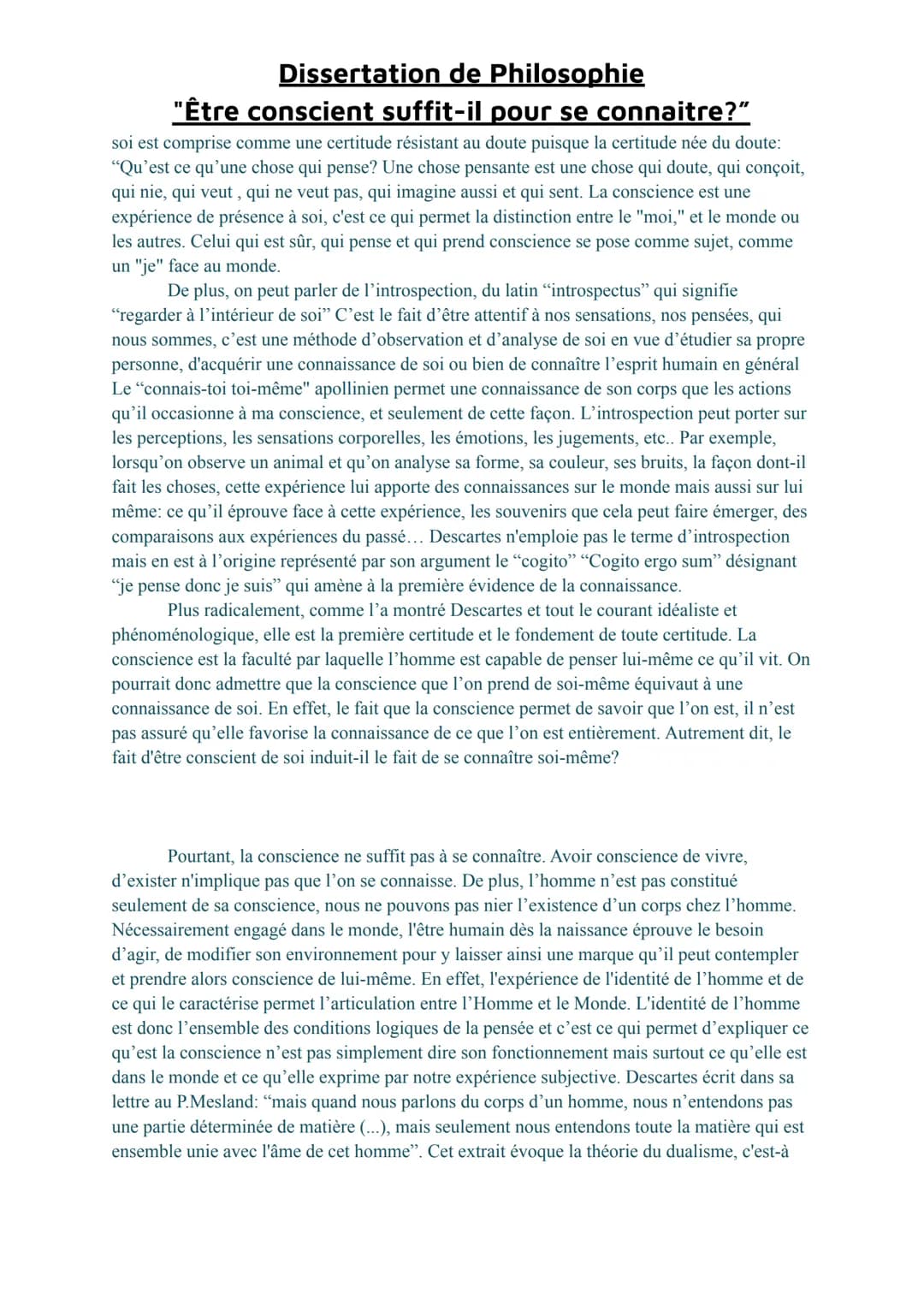 # Dissertation de Philosophie
# "Être conscient suffit-il pour se connaitre?"
FORESTIER SARAH TG1
Commentaires/Note:
La conscience suffi