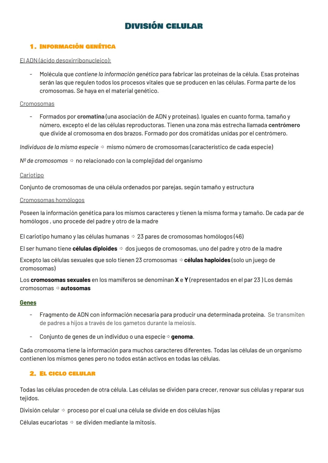 # DIVISIÓN CELULAR
1. INFORMACIÓN GENÉTICA
EI ADN (ácido desoxirribonucleico):
- Molécula que contiene la información genética para fabri