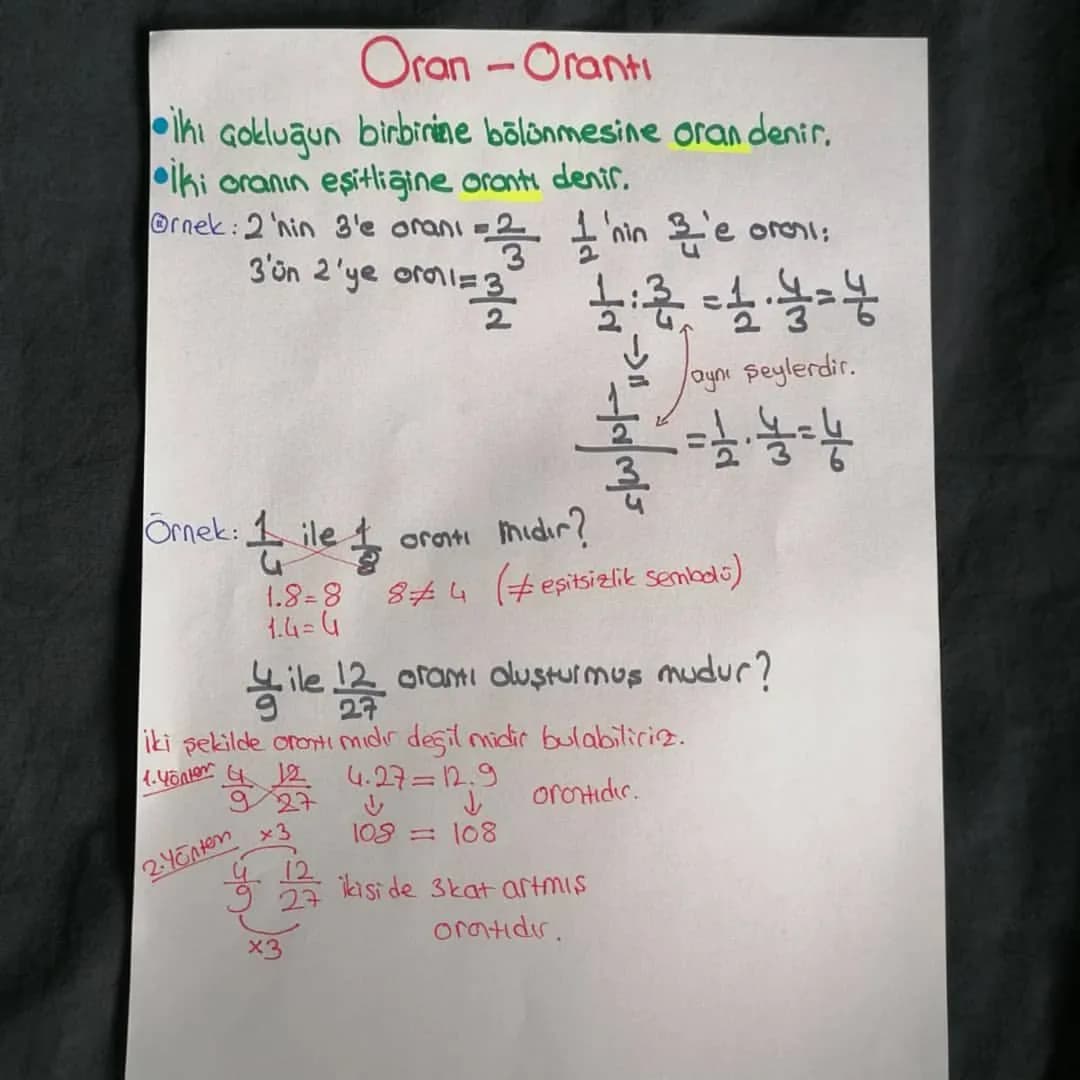 # Oran - Oranti
İki çokluğun birbirine bölünmesine oran denir.
İki oranın eşitliğine orantı denir.
Ornek: 2 'nin 3'e oranı -
$ \frac{2}{3}$