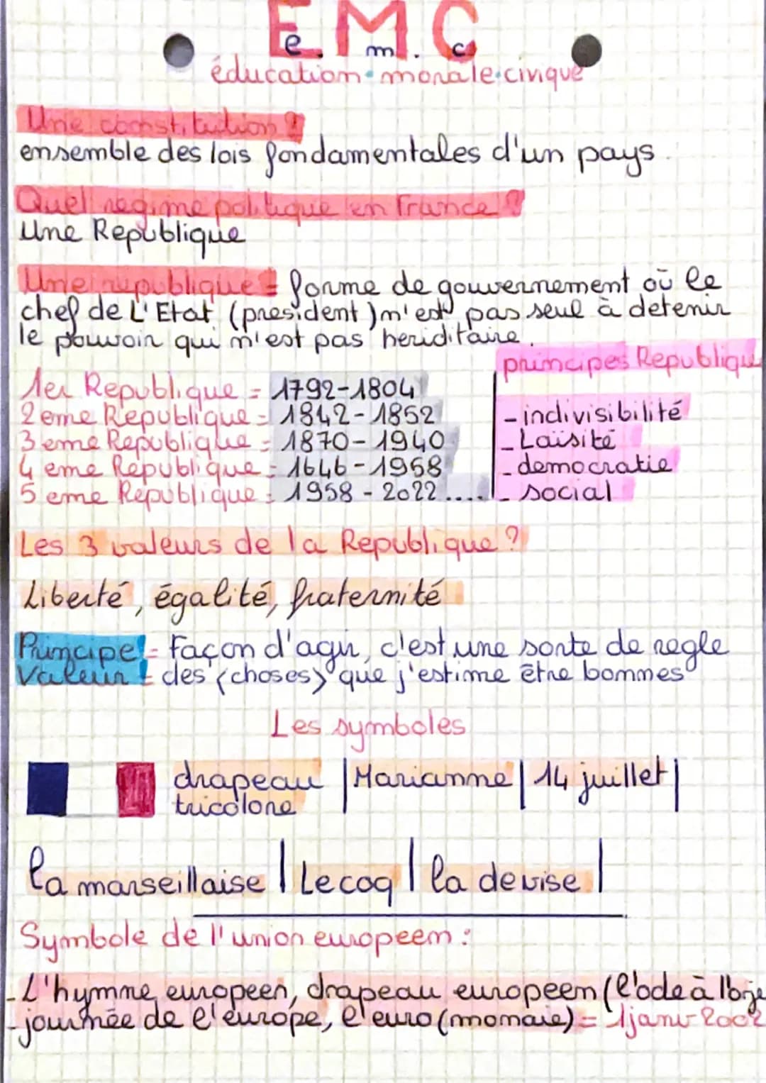 - e
- éducation monale cinque
Une coonst, tulion
ensemble des lois fondamentales d'un pays
Quel regime politique en France?
Une Republique
U