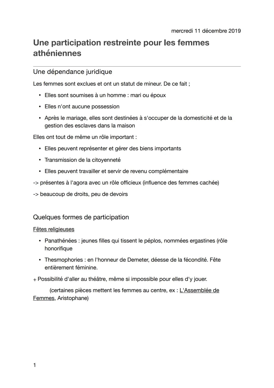 mercredi 11 décembre 2019
# Une participation restreinte pour les femmes
athéniennes
## Une dépendance juridique
Les femmes sont exclues