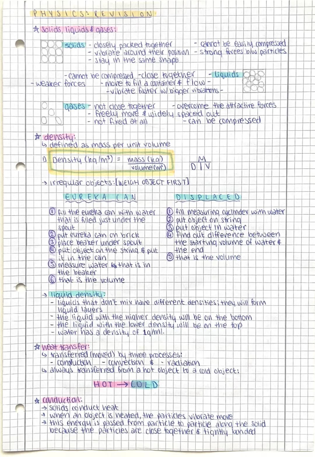 # PHYSICS REVISION
* Solids, liquids & gases:
* solids - closely packed together - cannot be easily compressed.
- vibrate around thei