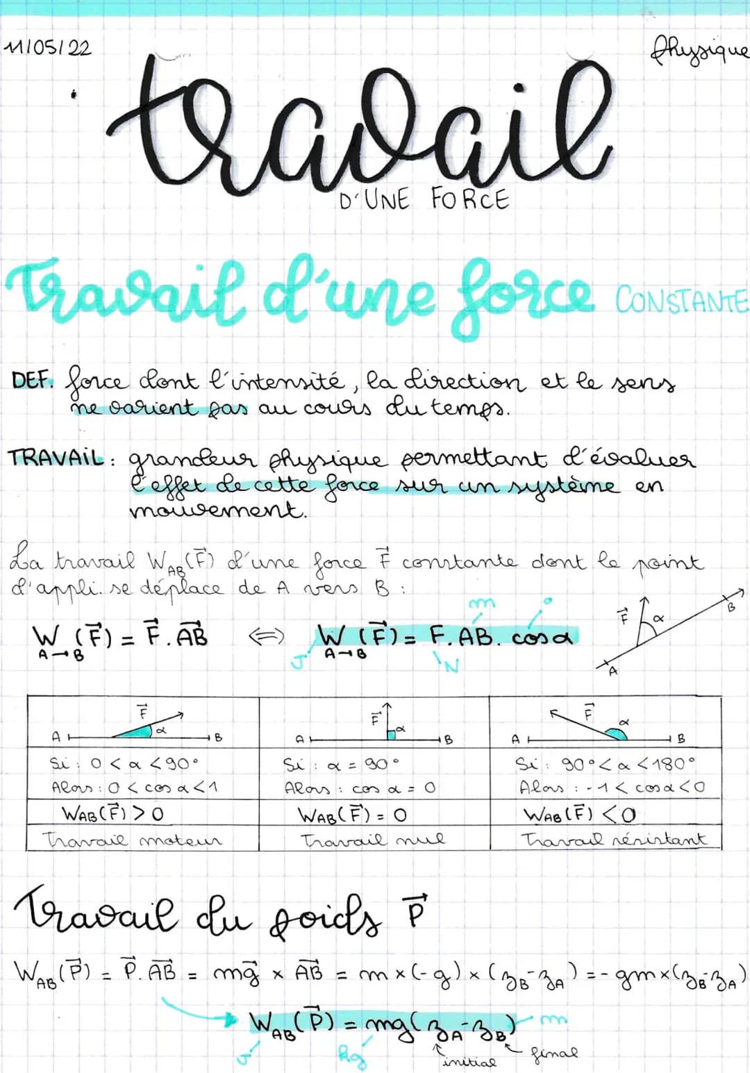 1105/22
Physique
travail
D'UNE FORCE
Travail d'une force CONSTANTE.
DEF. force dont l'intensité, la direction et le sens
ne varient pas