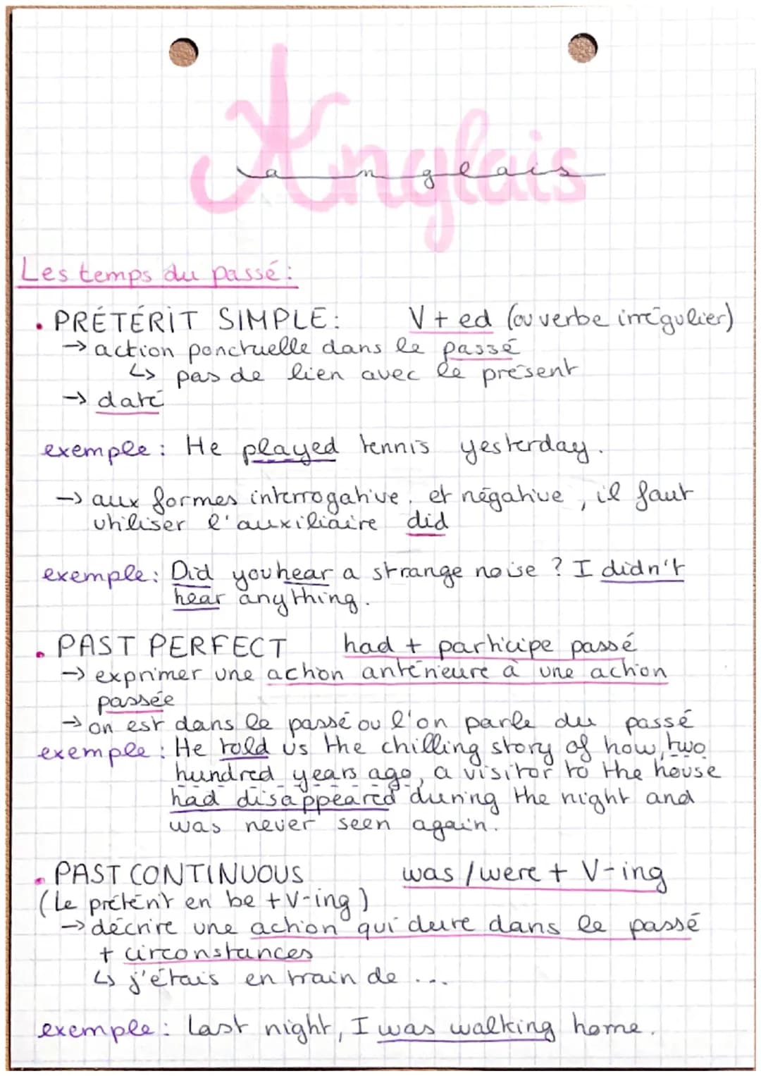 # Anglais
Les temps du passé:
* PRÉTÉRIT SIMPLE: V+ ed (ou verbe inégulier)
* action ponctuelle dans le passé
* pas de lien