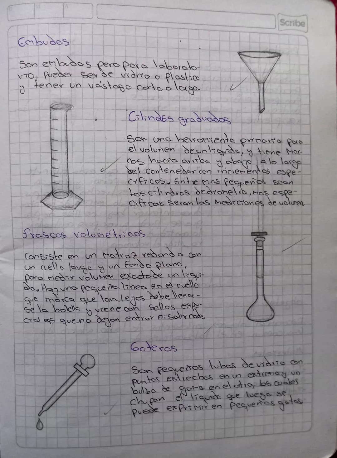 Torea
1. Consultor los implementos de laboratorio de quini-
ca mas comunes o de uso comun (Nanbre, descripción
y dibujol
Vaso de precipita