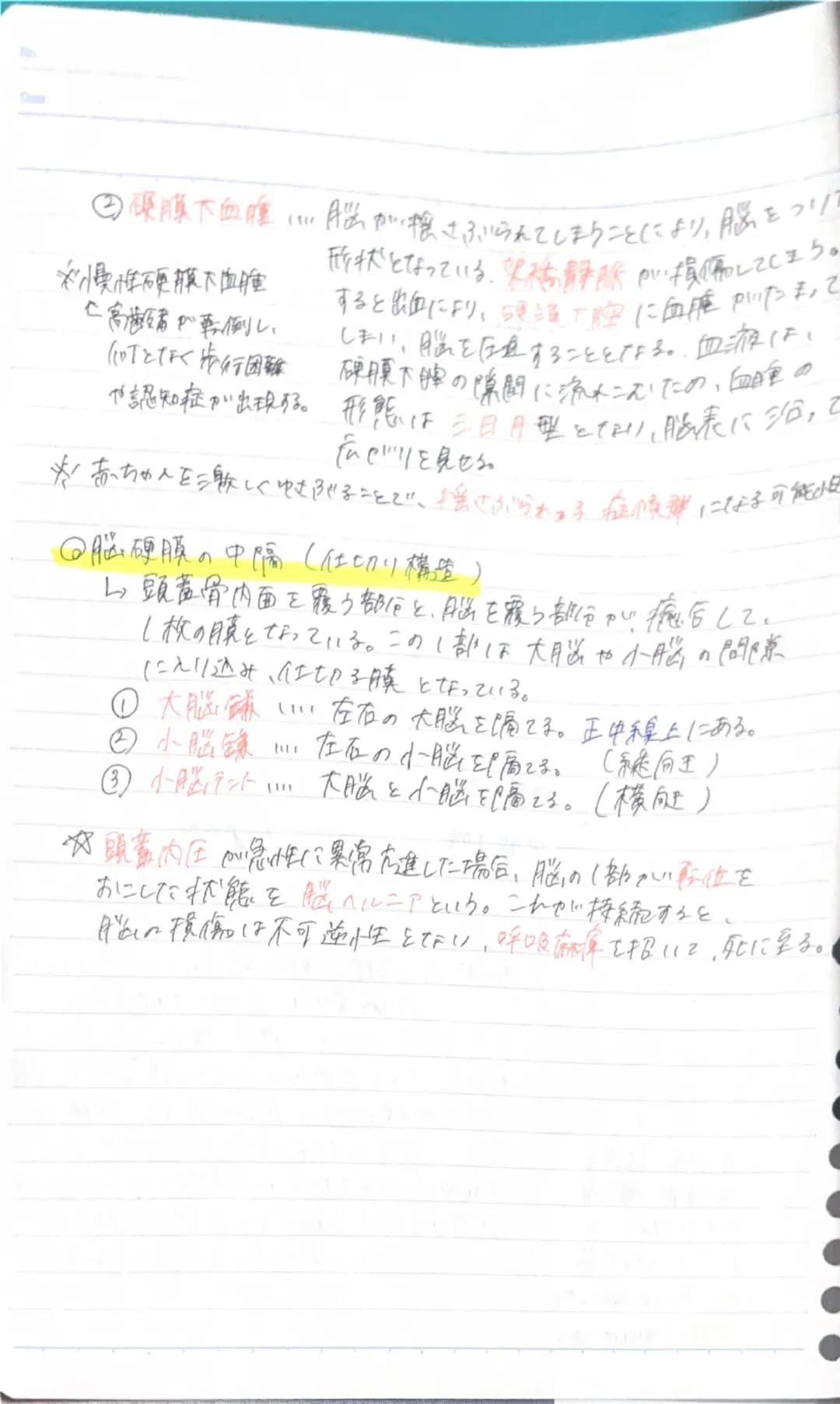No
Date
中枢神経系CCNS)
中枢神経系
脳………①大腦(大脳皮質、大脳辺裤系、大脳基底核)
②間(視床、親床下部、視(未全部)
①購館(中脳、橋,延髓)
④小腦(小腦半球、虫顿,片集小節菜)
・青題①頸髄
②胸随
①仙情色
当面膜と脳青帝直液循環,
⑤尾糖
・