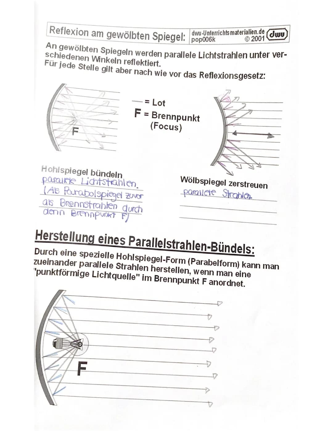 # Reflexion am gewölbten Spiegel:
dwu-Unterrichts materialien.de Jwu
pop006k
© 2001
An gewölbten Spiegeln werden parallele Lichtstrahlen un