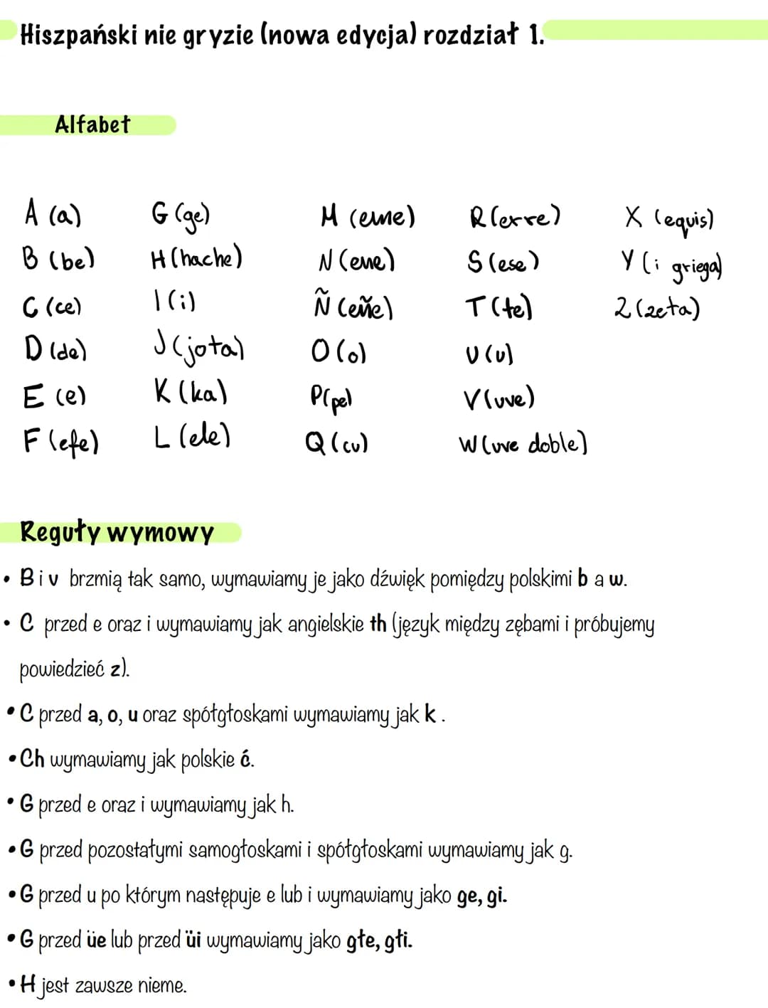 Hiszpański nie gryzie (nowa edycja) rozdział 1.
Alfabet
A (a)
G (ge)
M (eme)
Rlexre)
X (equis)
B (be)
H(hache)
N(ene)
S(ese)
Y (i griega)