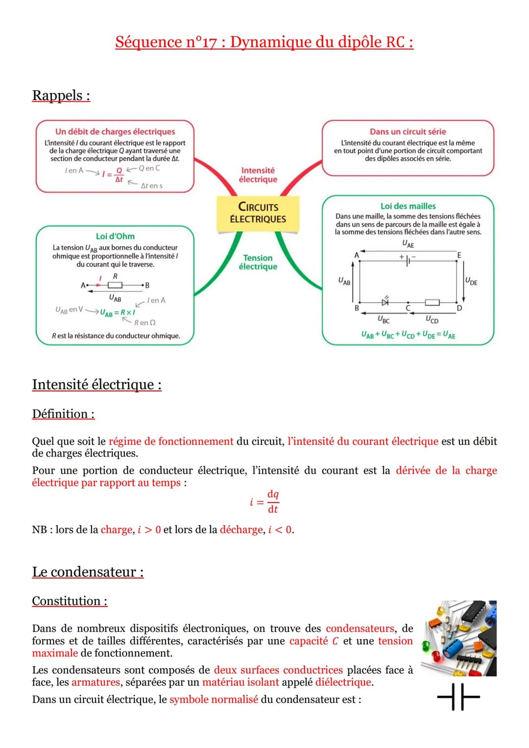 Séquence n°17: Dynamique du dipôle RC :
Rappels:
Un débit de charges électriques
L'intensité / du courant électrique est le rapport
de la