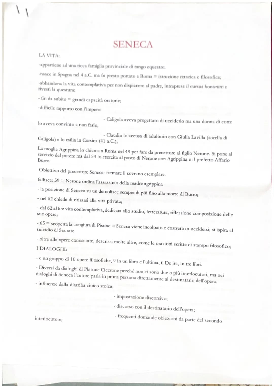 SENECA
LA VITA:
-appartiene ad una ricca famiglia provinciale di rango equestre;
-nasce in Spagna nel 4 a.C. ma fu presto portato a Roma