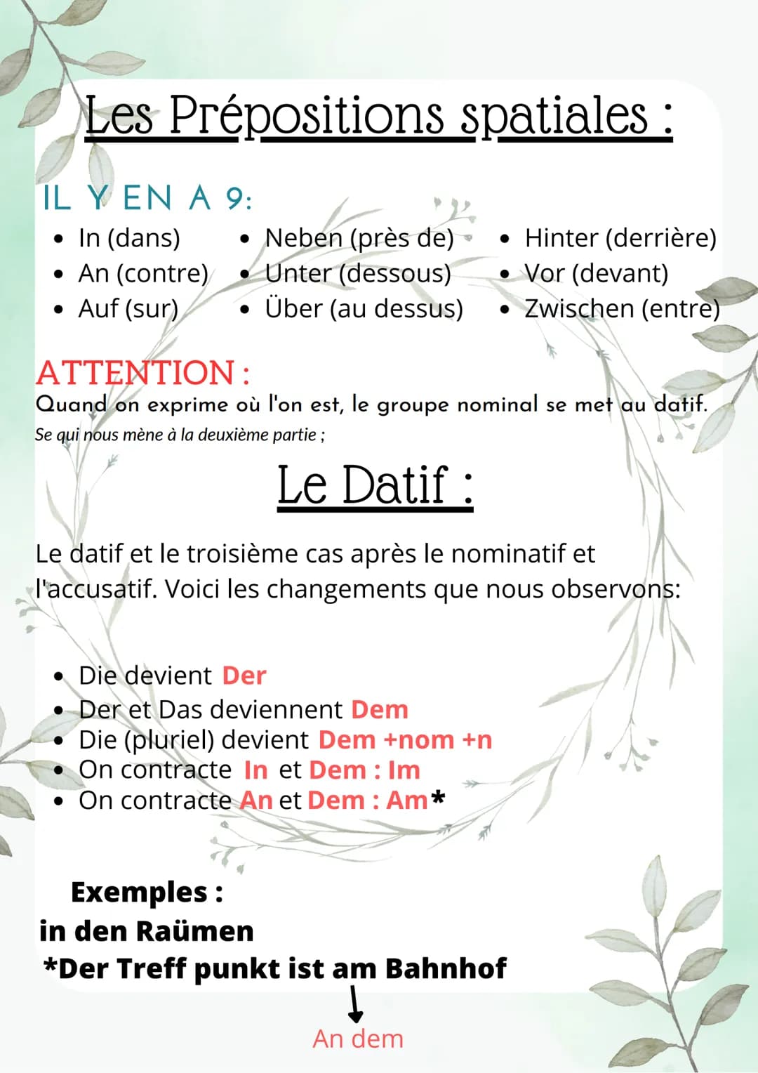 # ALLEMAND
Les Prépositions
spatiales et le Datif # Les Prépositions spatiales :
IL Y EN A 9:
- In (dans)
- Neben (près de)
- Hinter (der