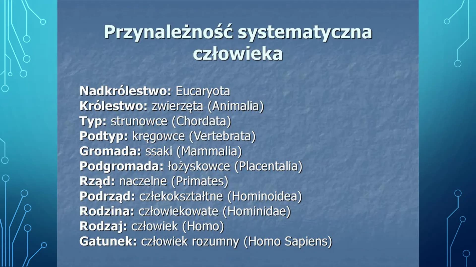 # ORGANIZM CZŁOWIEKA
# JAKO FUNKCJONALNA
# CAŁOŚĆ
HANIAK_NGBV1 # Przynależność systematyczna
człowieka
Nadkrólestwo: Eucaryota
Królestwo