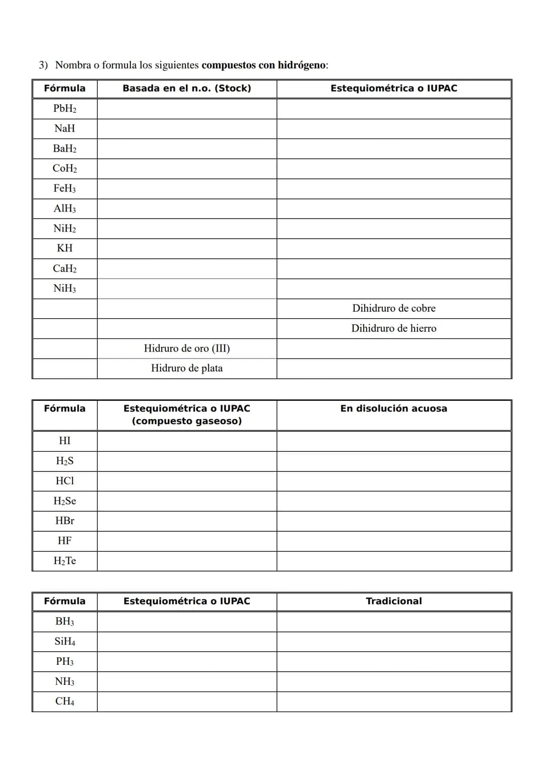 # EJERCICIOS DE FORMULACIÓN Y NOMENCLATURA
# QUÍMICA INORGÁNICA - 4º ESO
1) Nombra los siguientes óxidos por las dos nomenclaturas:
| Fórm
