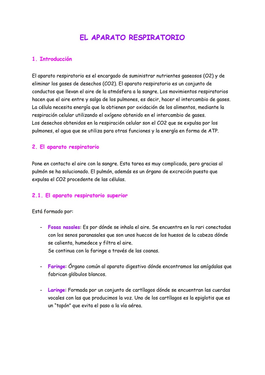 # EL APARATO RESPIRATORIO
1. Introducción
El aparato respiratorio es el encargado de suministrar nutrientes gaseosos (02) y de
eliminar lo