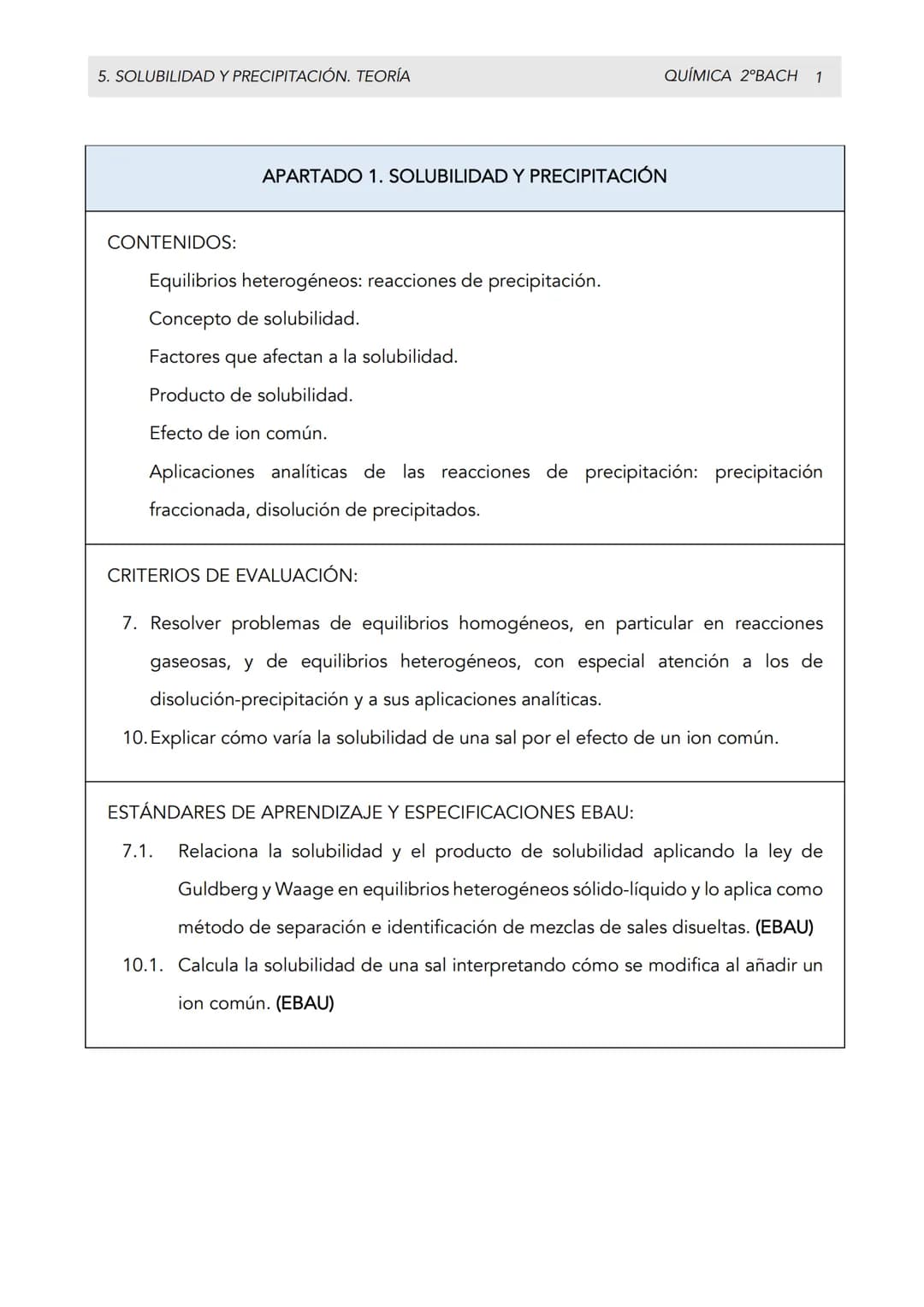 5. SOLUBILIDAD Y PRECIPITACIÓN. TEORÍA
QUÍMICA 2°BACH 1
APARTADO 1. SOLUBILIDAD Y PRECIPITACIÓN
CONTENIDOS:
Equilibrios heterogéneos: re