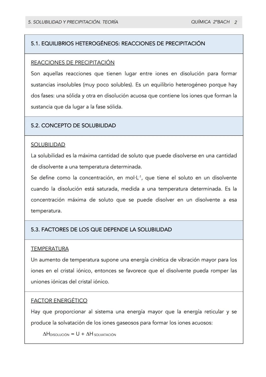 5. SOLUBILIDAD Y PRECIPITACIÓN. TEORÍA
QUÍMICA 2°BACH 1
APARTADO 1. SOLUBILIDAD Y PRECIPITACIÓN
CONTENIDOS:
Equilibrios heterogéneos: re