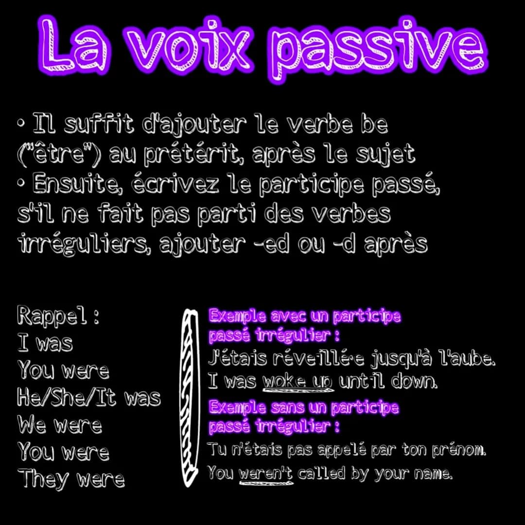 # La voix
Passive & Active # La voix passive
• Il suffit d'ajouter le verbe be
("être") au prétérit, après le sujet
• Ensuite, écrivez le p