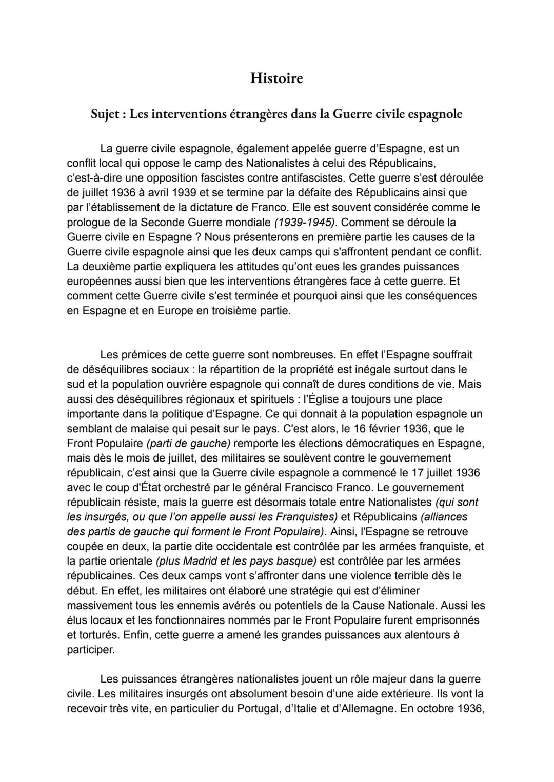 # Histoire
Sujet : Les interventions étrangères dans la Guerre civile espagnole
La guerre civile espagnole, également appelée guerre d'Esp