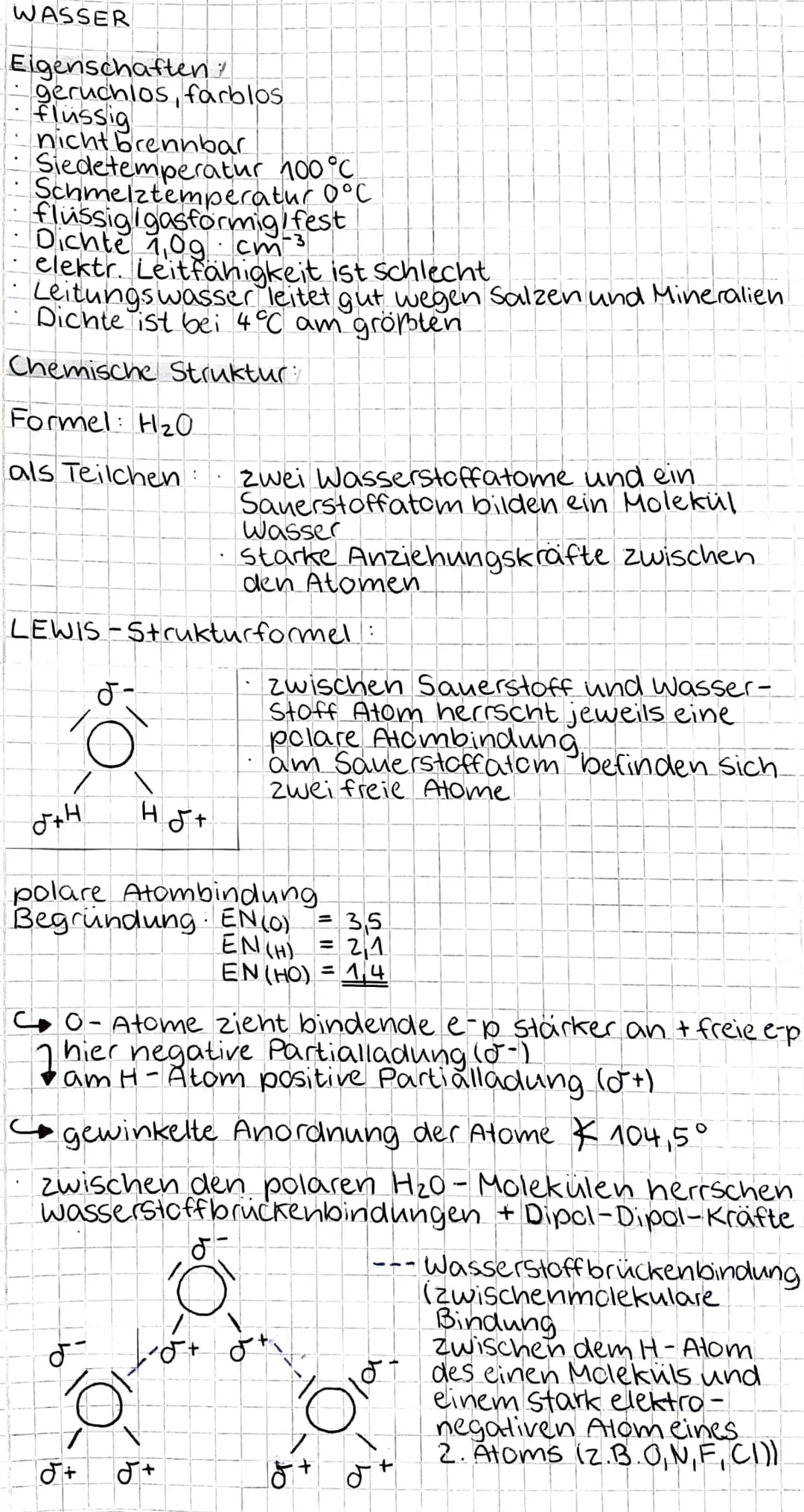 # WASSER
Eigenschaften
- geruchios, farblos
- Flussig
- nicht brennbar
- Siedetemperatur 100°C
- Schmelztemperatur O°C
- flussigigasformig/