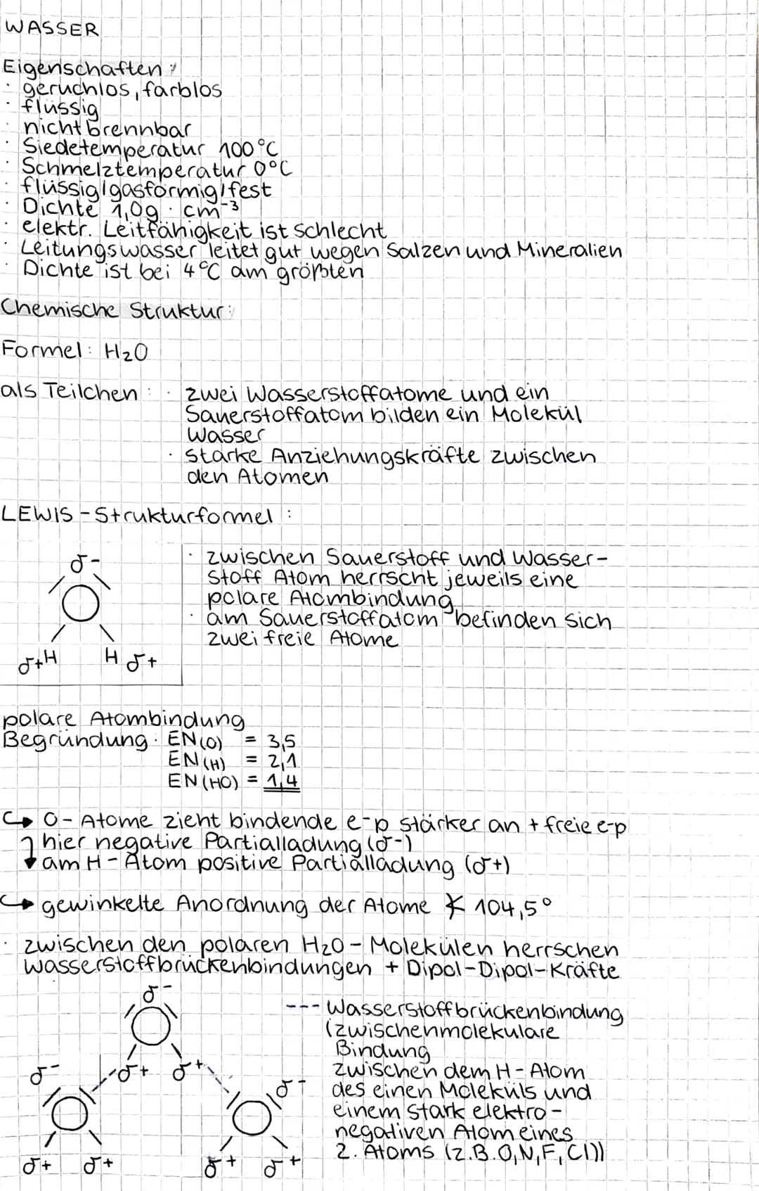 # WASSER
Eigenschaften
- geruchios, farblos
- Flussig
- nicht brennbar
- Siedetemperatur 100°C
- Schmelztemperatur O°C
- flussigigasformig/