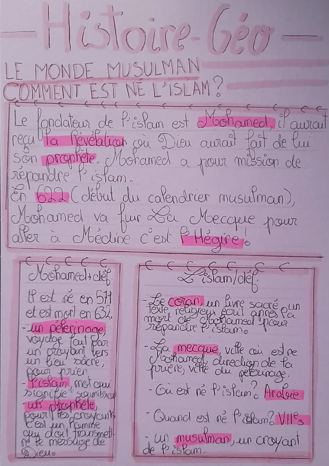 # Histoire-Geo-
LE MONDE MUSULMAN
COMMENT EST NÉ L'ISLAM?
Le fondateur de Pislam est Mohamed, il aurait
regu la révélation ou Dieu aurait fa