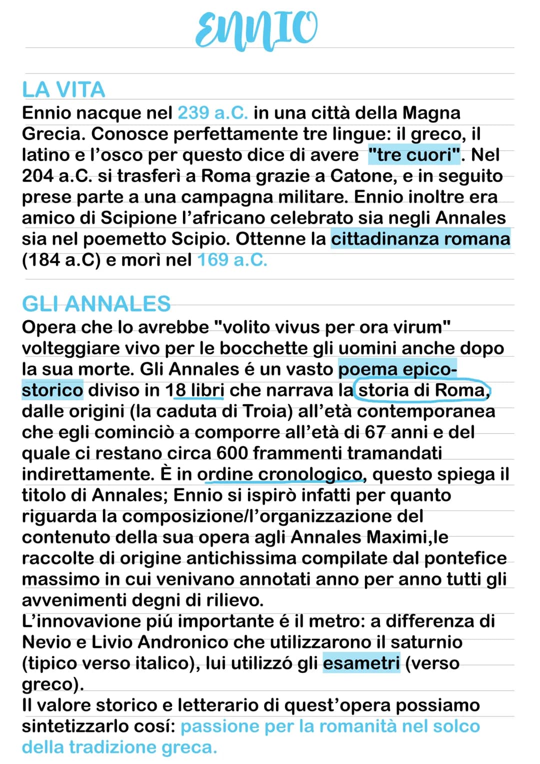 # Ennio
## LA VITA
Ennio nacque nel 239 a. C. in una città della Magna
Grecia. Conosce perfettamente tre lingue: il greco, il
latino e l'os