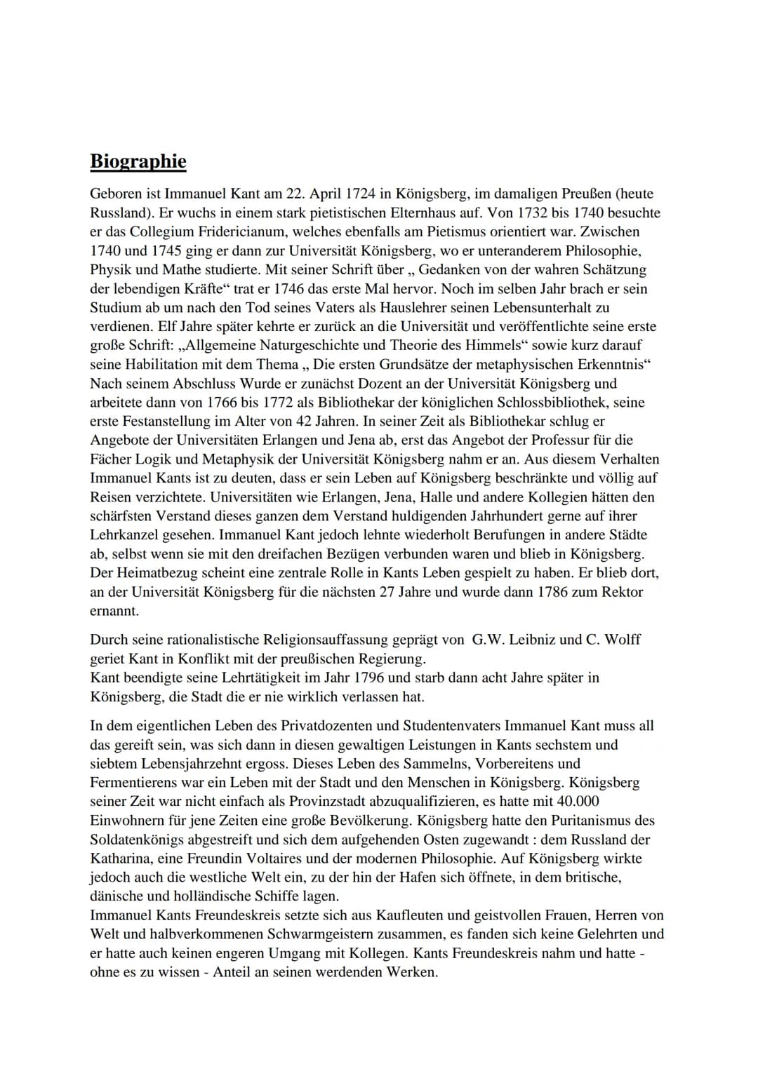 # Kant als Aufklärer
Sarah Beranek MSS 11
GK Geschichte Inhaltsangabe
1. Biographie des Immanuel Kant
2. Kants Denkweisen
3. Kants Kritik