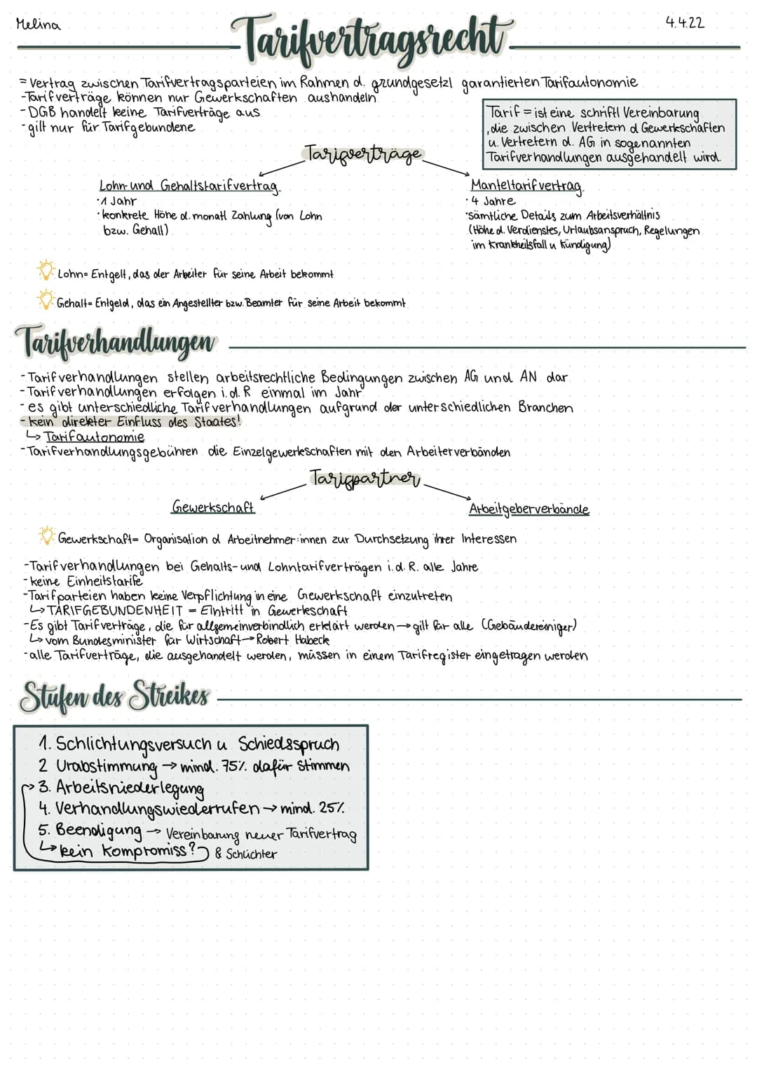 Melina
# Tarifvertragsrecht-
= Vertrag zwischen Tarifvertragsparteien im Rahmen d. grundgesetzl garantierten Tarifautonomie
-Tarifverträg