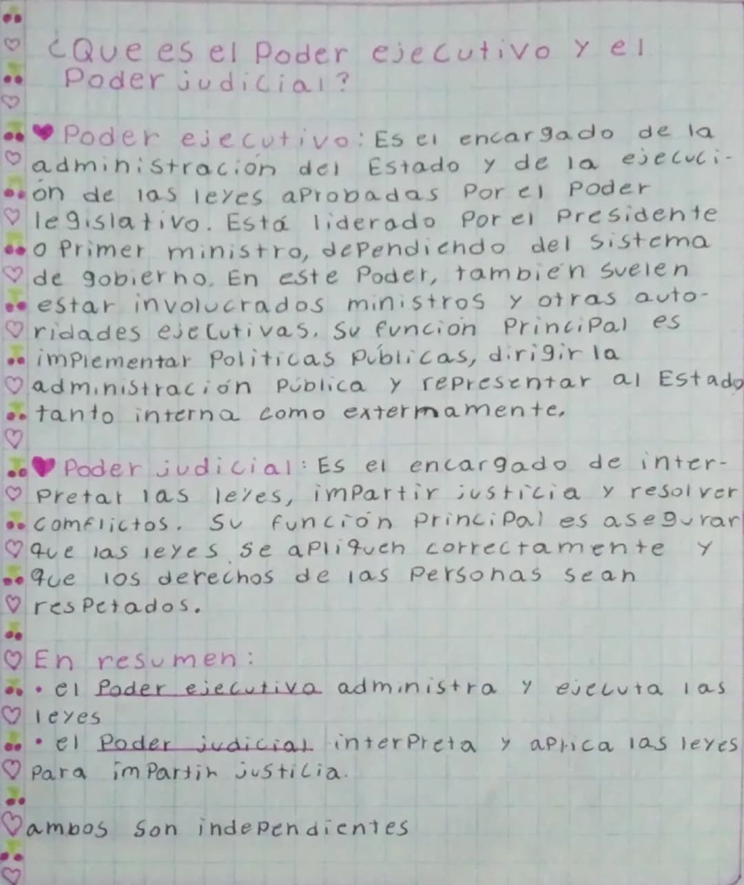♡
♡
¿Que es el Poder ejecutivo y el
Poder judicial?
♡
Poder ejecutivo: Es el encargado de la
administración del Estado y de la ejecuci-
on d