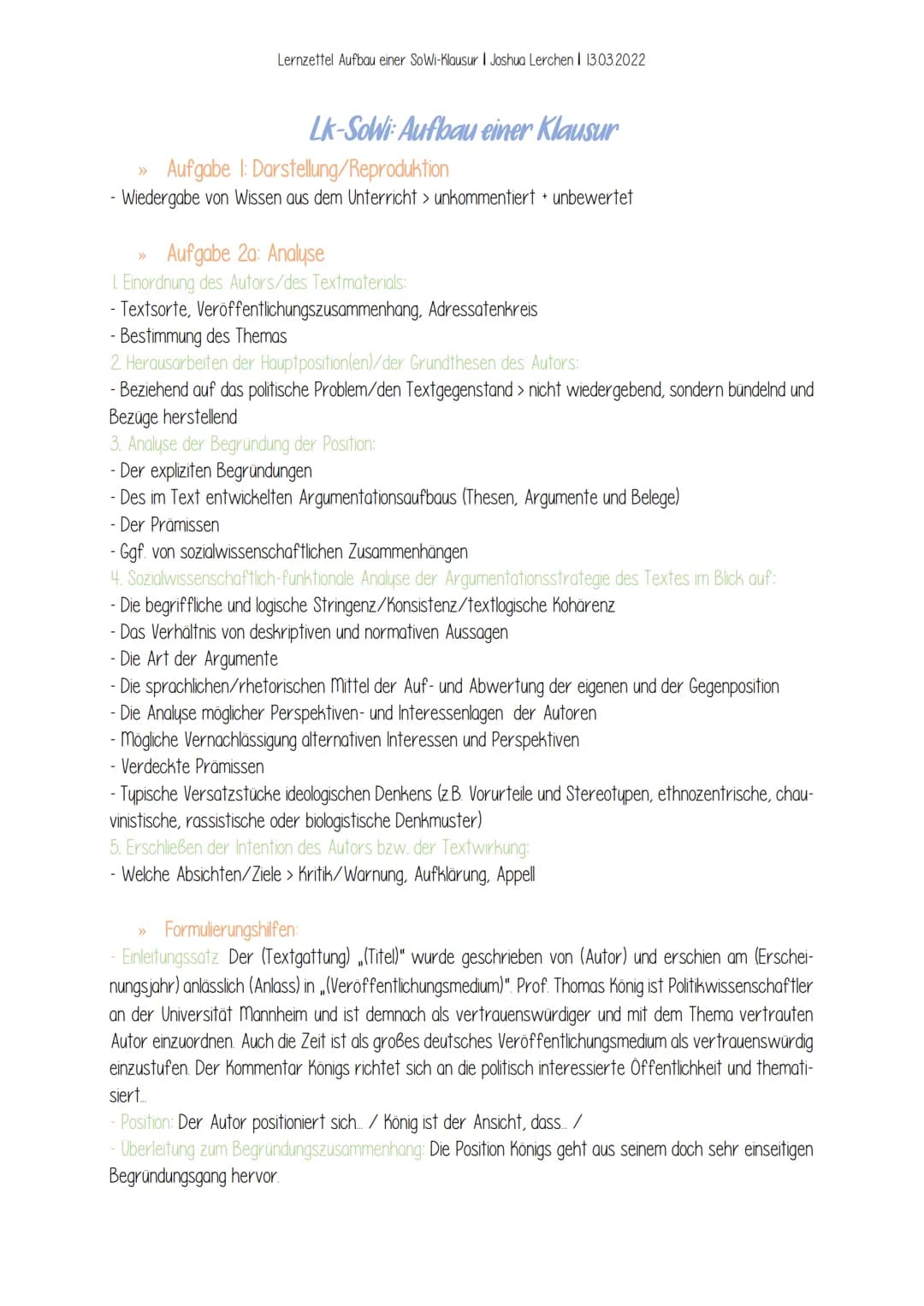Lernzettel Aufbau einer SoWi-Klausur | Joshua Lerchen | 13.03.2022
# Lk-SoWi: Aufbau einer Klausur
>>> Aufgabe I: Darstellung/Reproduktion