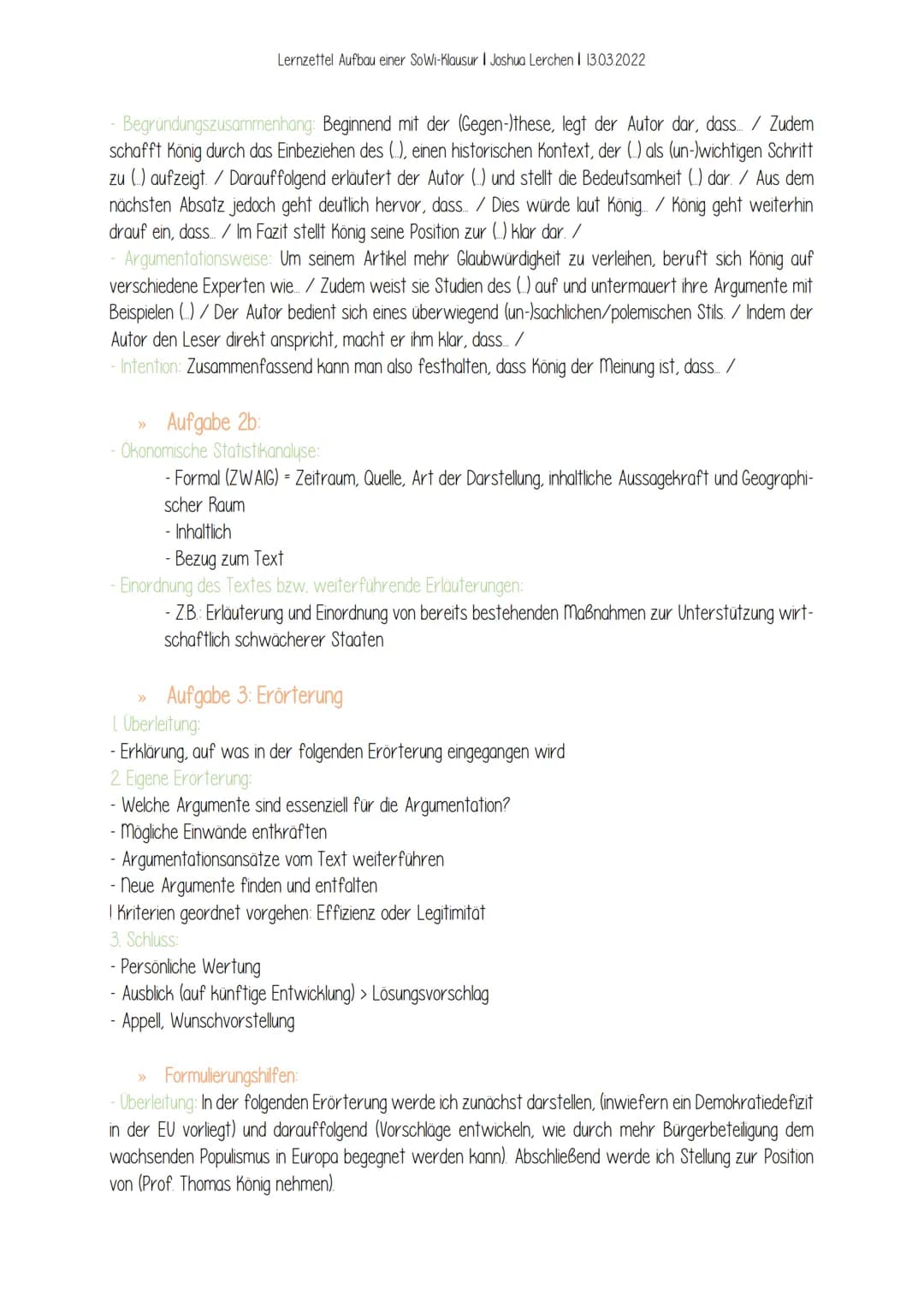 Lernzettel Aufbau einer SoWi-Klausur | Joshua Lerchen | 13.03.2022
# Lk-SoWi: Aufbau einer Klausur
>>> Aufgabe I: Darstellung/Reproduktion