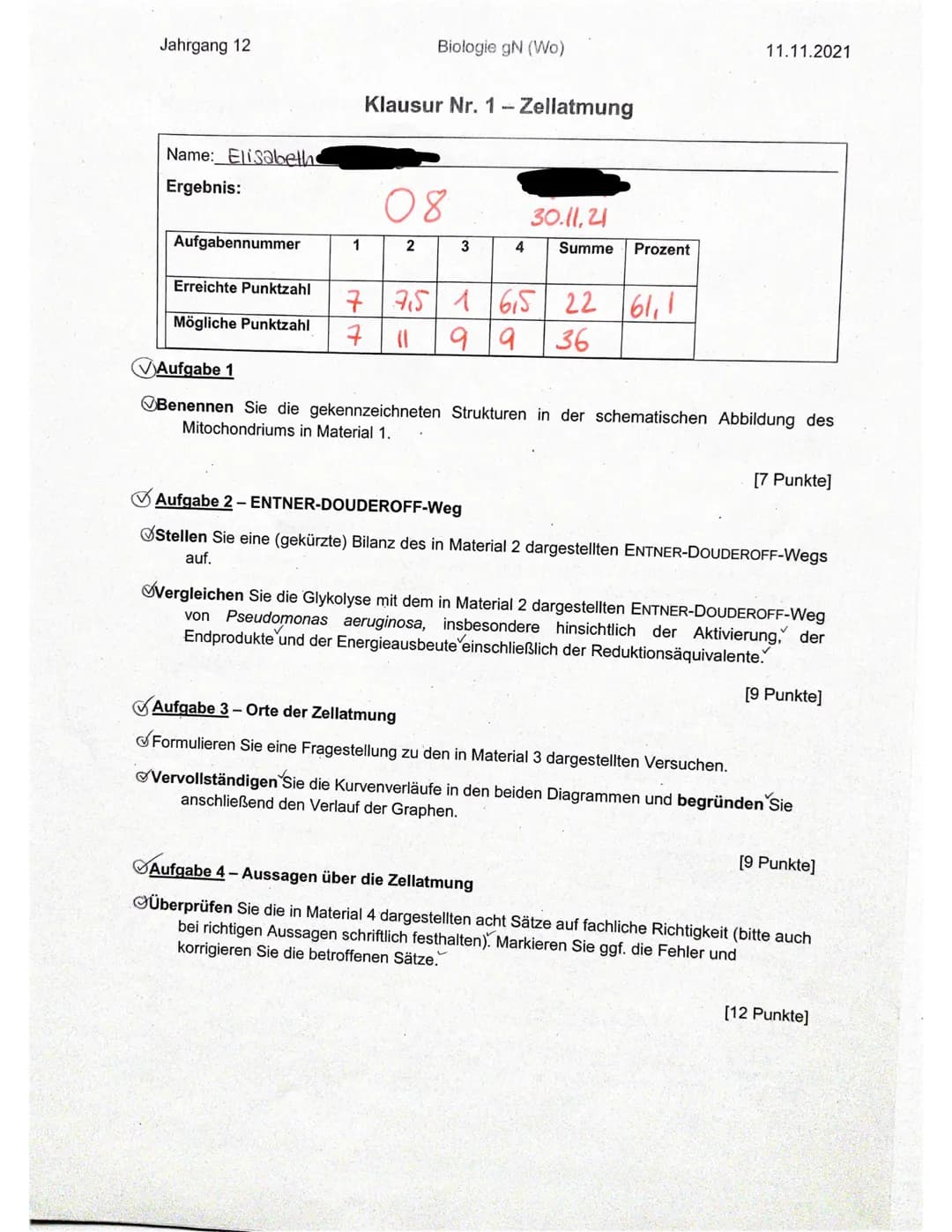 Jahrgang 12 Biologie gN (Wo) 11.11.2021
Klausur Nr. 1- Zellatmung
Name: Elisabeth
Ergebnis:
Aufgabennummer 1 2 3 4 Summe Prozent
Erreic