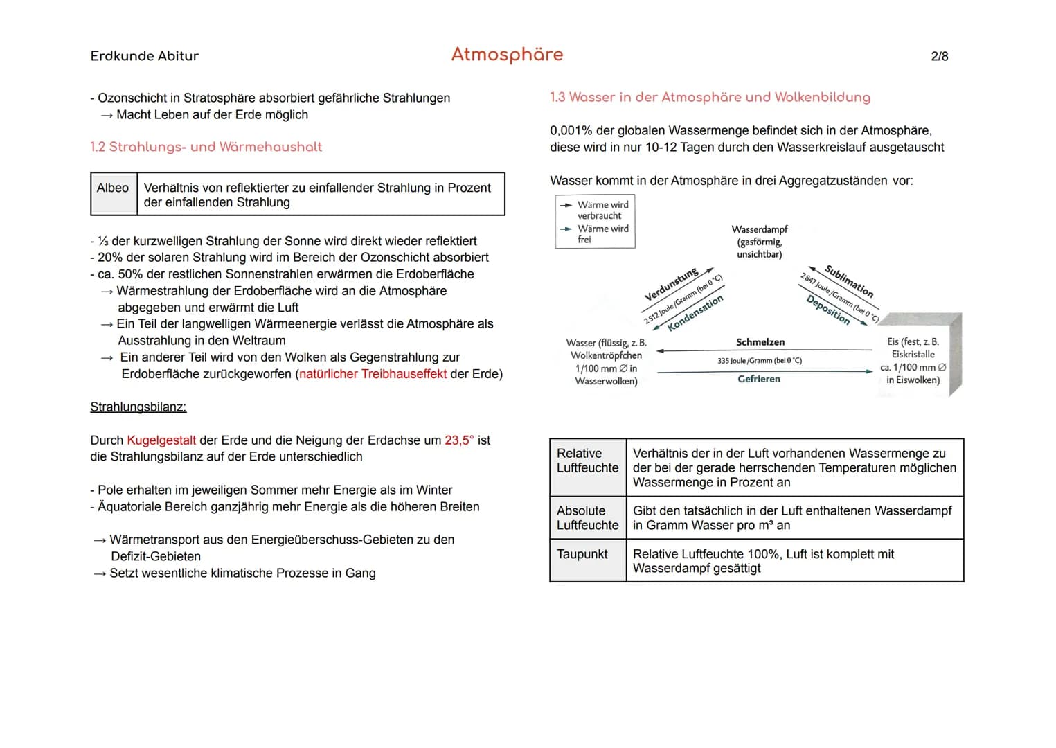 Erdkunde Abitur
Atmosphäre
1/8
1. Grundlagen
Wetterelemente Messbare Einzelerscheinungen in der Atmosphäre,
z.B. Strahlung, Luftdruck,