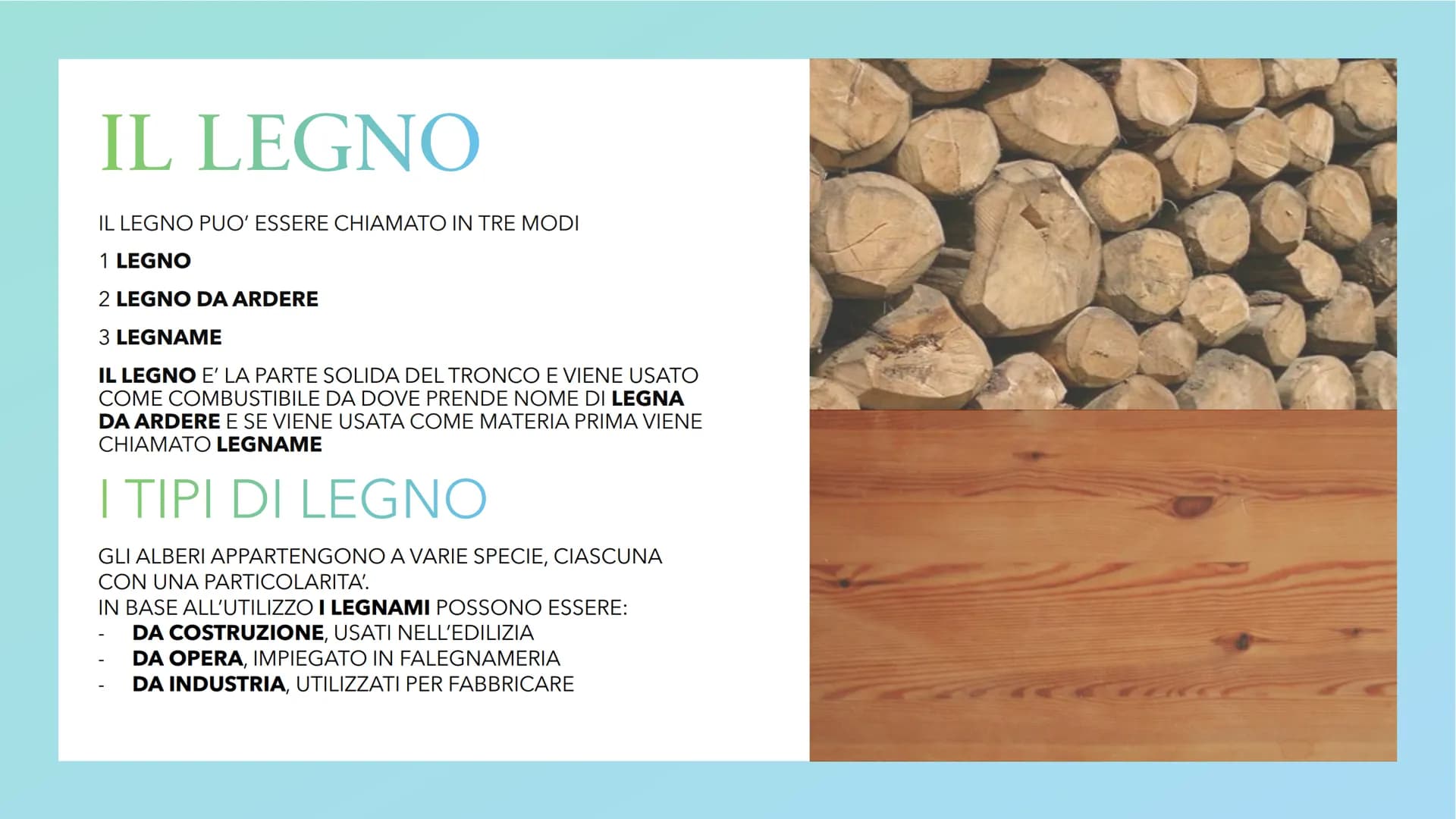 # IL LEGNO # IL LEGNO
IL LEGNO PUO' ESSERE CHIAMATO IN TRE MODI
1 LEGNO
2 LEGNO DA ARDERE
3 LEGNAME
IL LEGNO E' LA PARTE SOLIDA DEL TRO