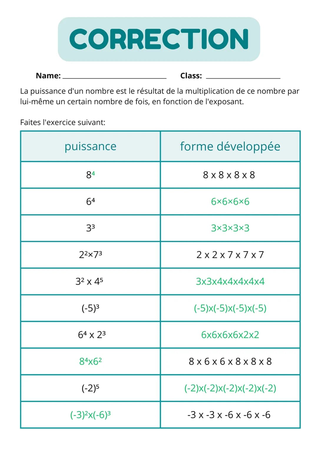 # CORRECTION
Name: _________________________ Class: _________________________
La puissance d'un nombre est le résultat de la multiplicatio
