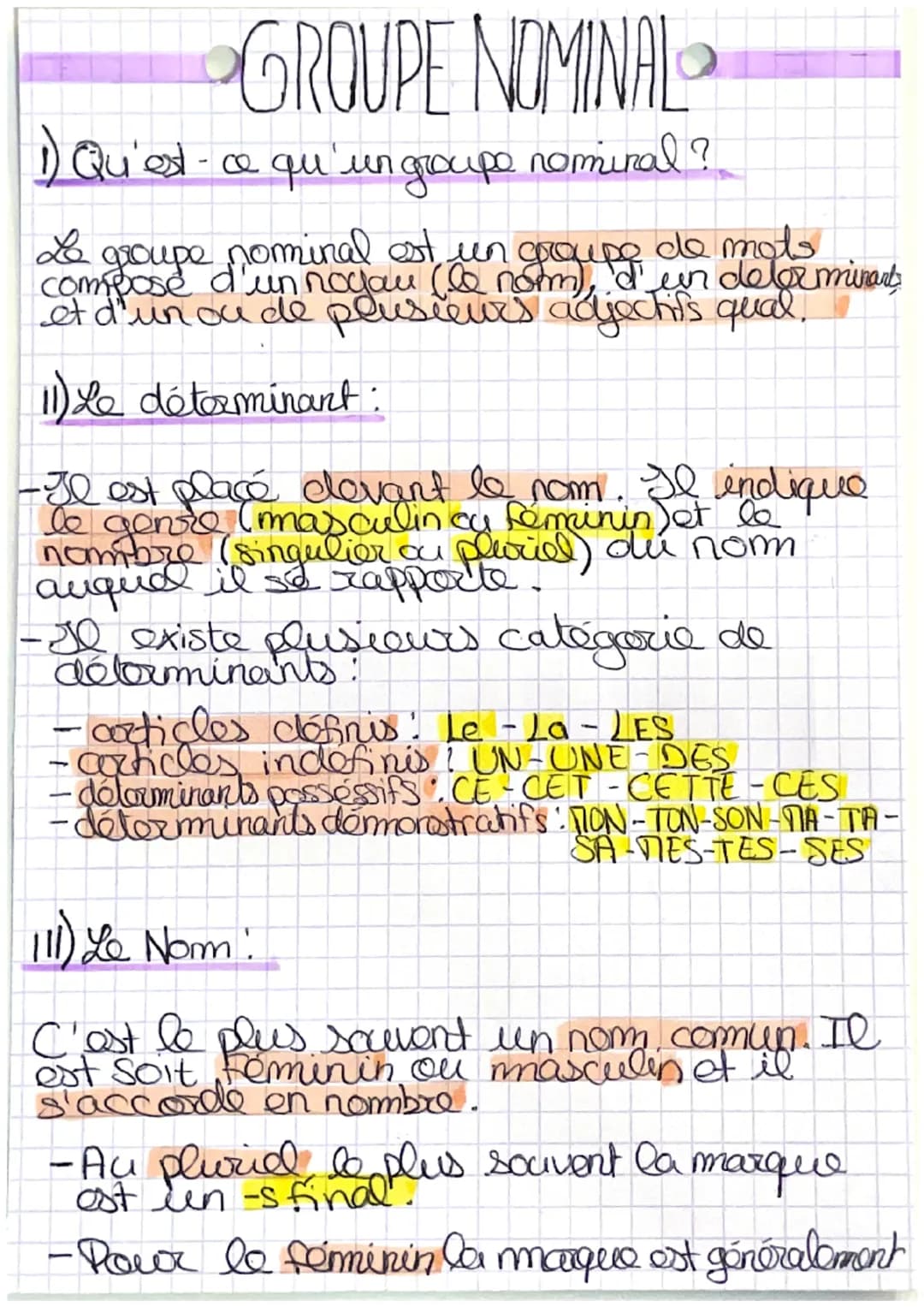 # GROUPE NOMINAL
1) Qu'est-ce qu'un groupe nominal?
Le groupe nominal est un groupe de mots
composé d'un noyau (le nom), d'un déterminant