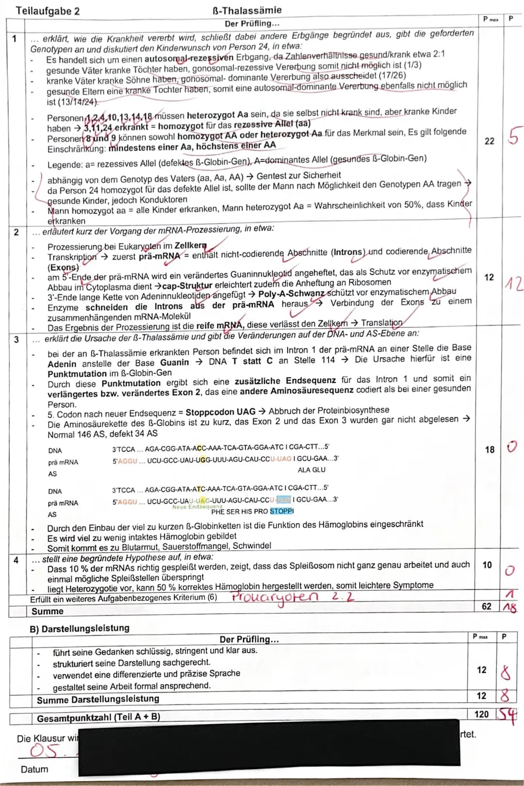 Bi1-Q1 (Stz)
150 Minuten
1. Biologieklausur LK
- Genetik -
Schuljahr 2021/2022
Datum: 04.11.2021
II. Thalassämie – eine erblich bedingte