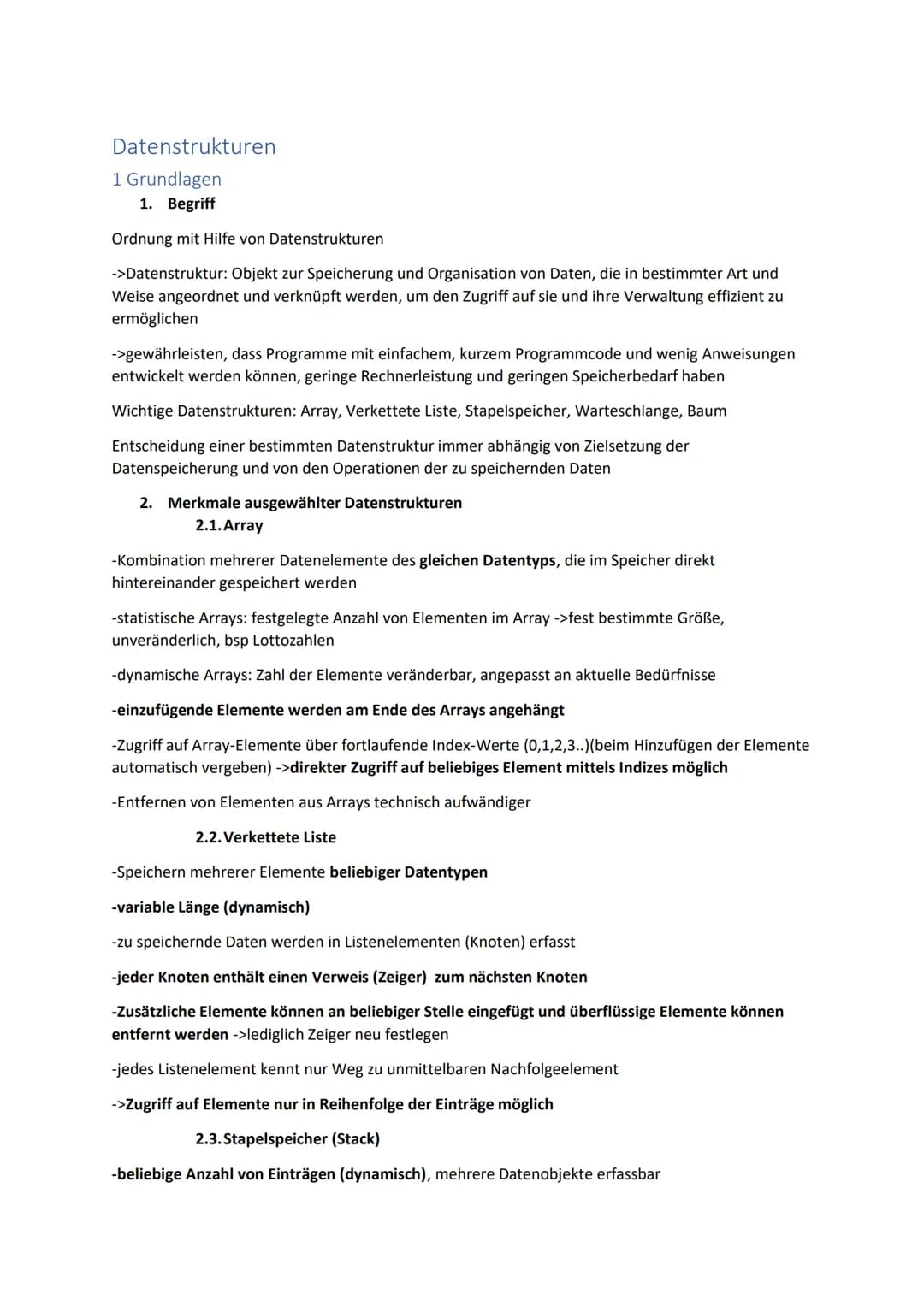 # Datenstrukturen
1 Grundlagen
1. Begriff
Ordnung mit Hilfe von Datenstrukturen
->Datenstruktur: Objekt zur Speicherung und Organisation