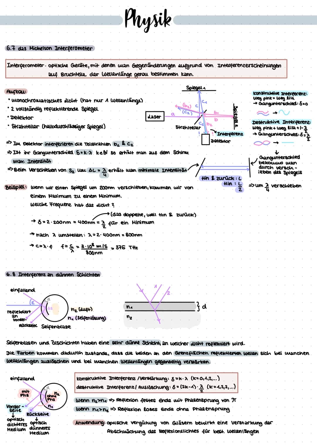 # Physik
6.7 das Michelson Interferometer
Interferometer. optische Geräte, mit denen wan Gegenänderungen aufgrund von Interferenzerscheinu