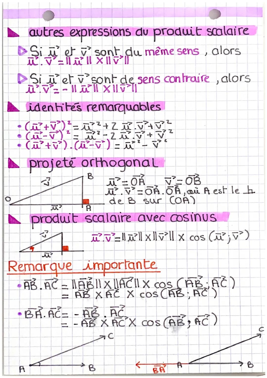 # Mathématiques
# Produit Scalaire
norme vectorielle (= longueur)
○) $||\vec{u}|| = \sqrt{x^2 + y^2}$
•) Si A ($x_A$; $y_A$) etB($x_B$;$