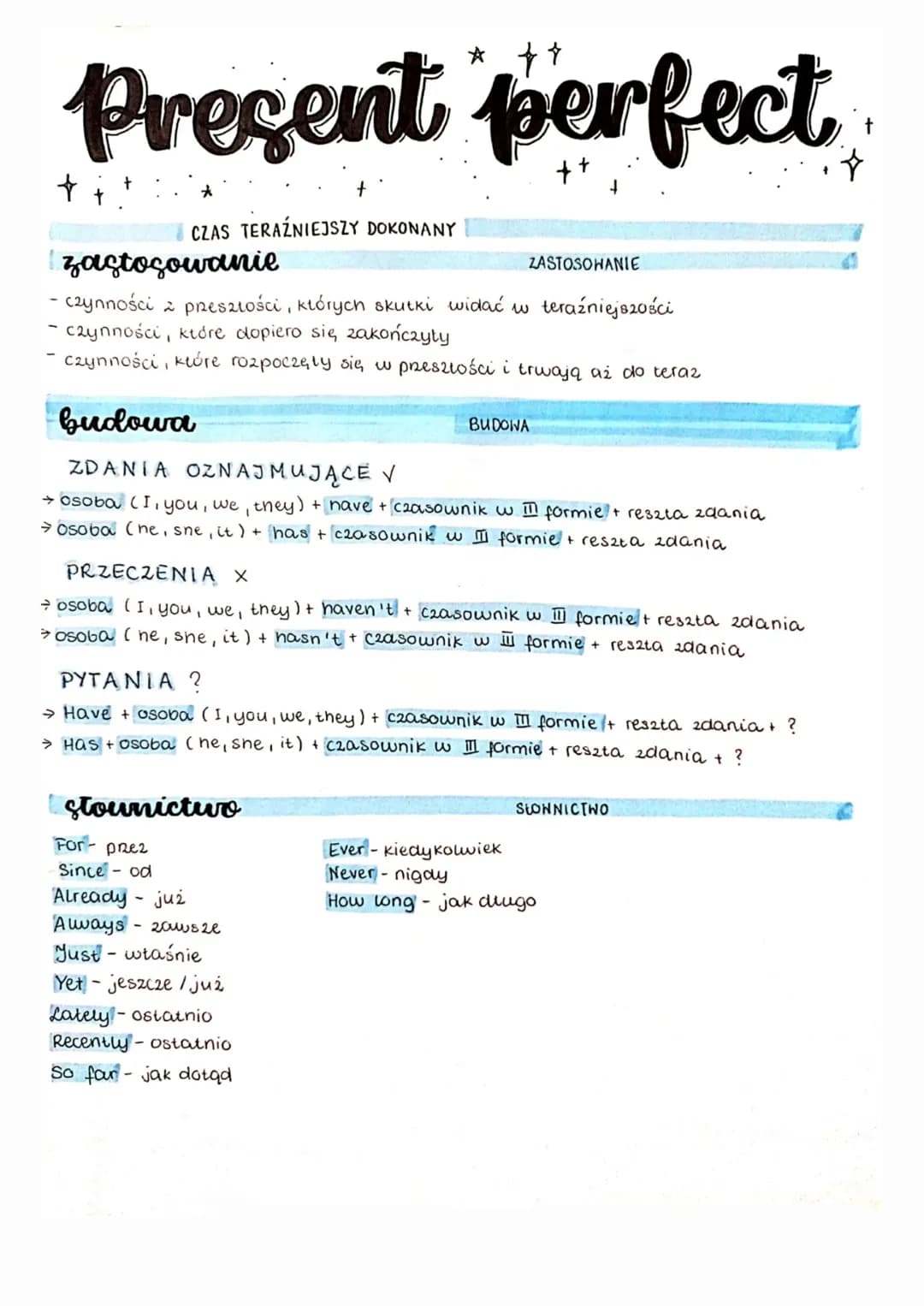 # Present perfect
CZAS TERAŹNIEJSZY DOKONANY
zastosowanie
- czynności z preszłości, których skutki widać w teraźniejszości
- czynności, k