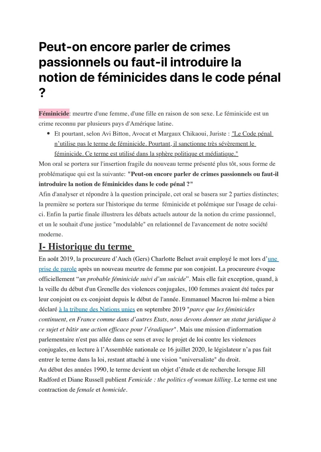 # Peut-on encore parler de crimes
passionnels ou faut-il introduire la
notion de féminicides dans le code pénal
?
Féminicide: meurtre d'une