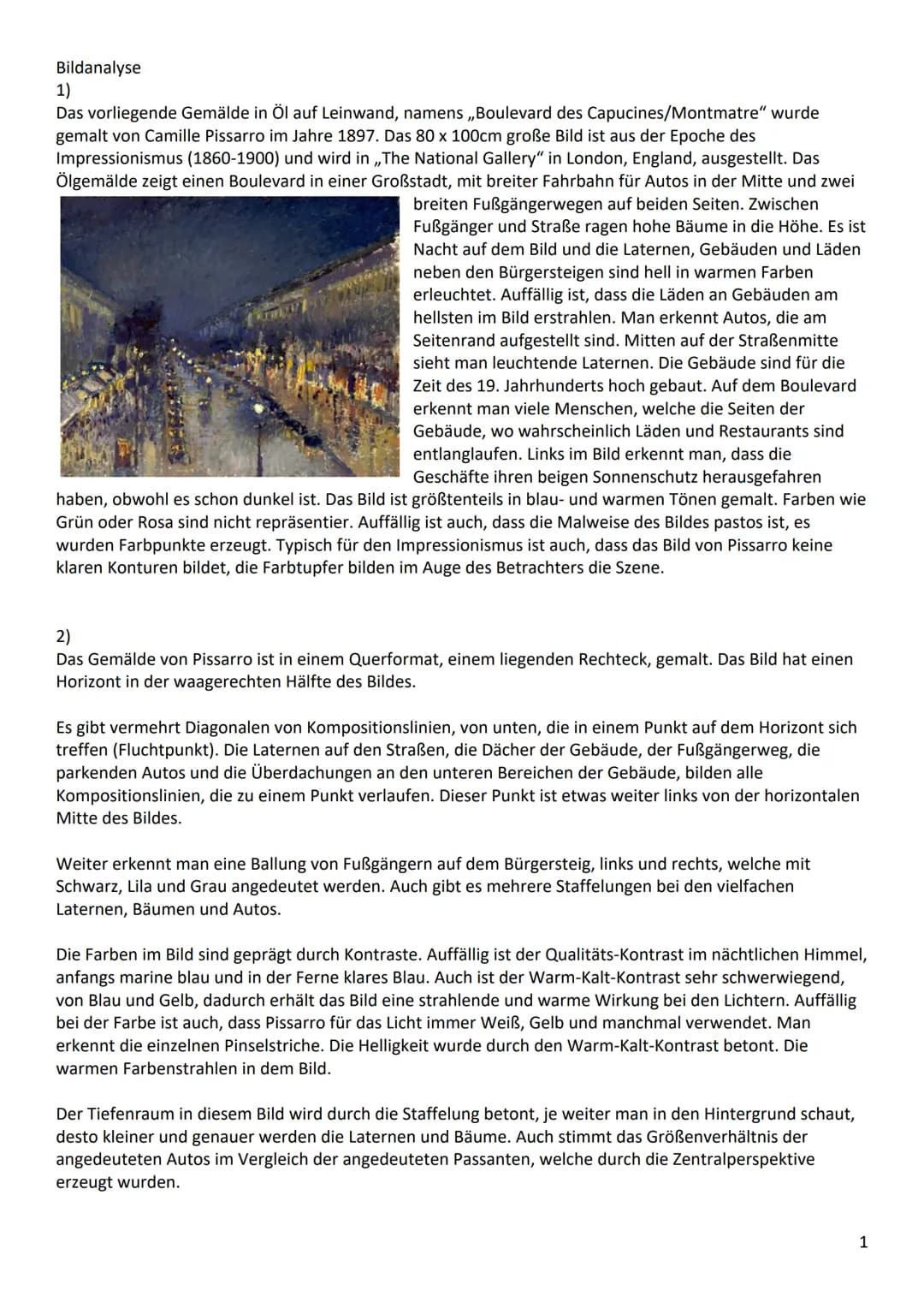 Bildanalyse
1)
Das vorliegende Gemälde in Öl auf Leinwand, namens,,Boulevard des Capucines/Montmatre" wurde
gemalt von Camille Pissarro im