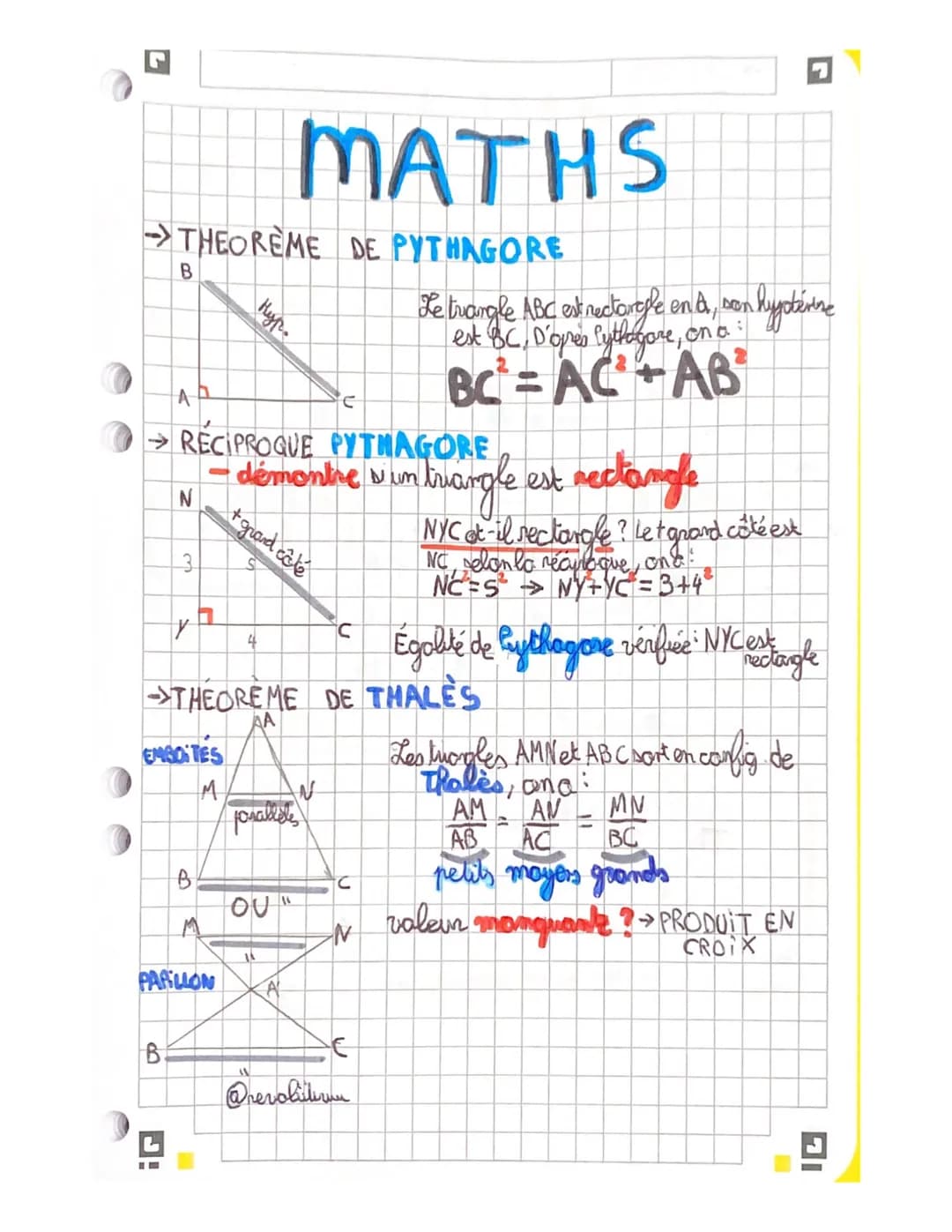# MATHS
→THEORÈME DE PYTHAGORE
B
A
Hyp.
C
Le trangle ABC estrectaregle end, son hyberne
est BC, D'ores lythagore, ona:
$BC = AC+AB$
→R