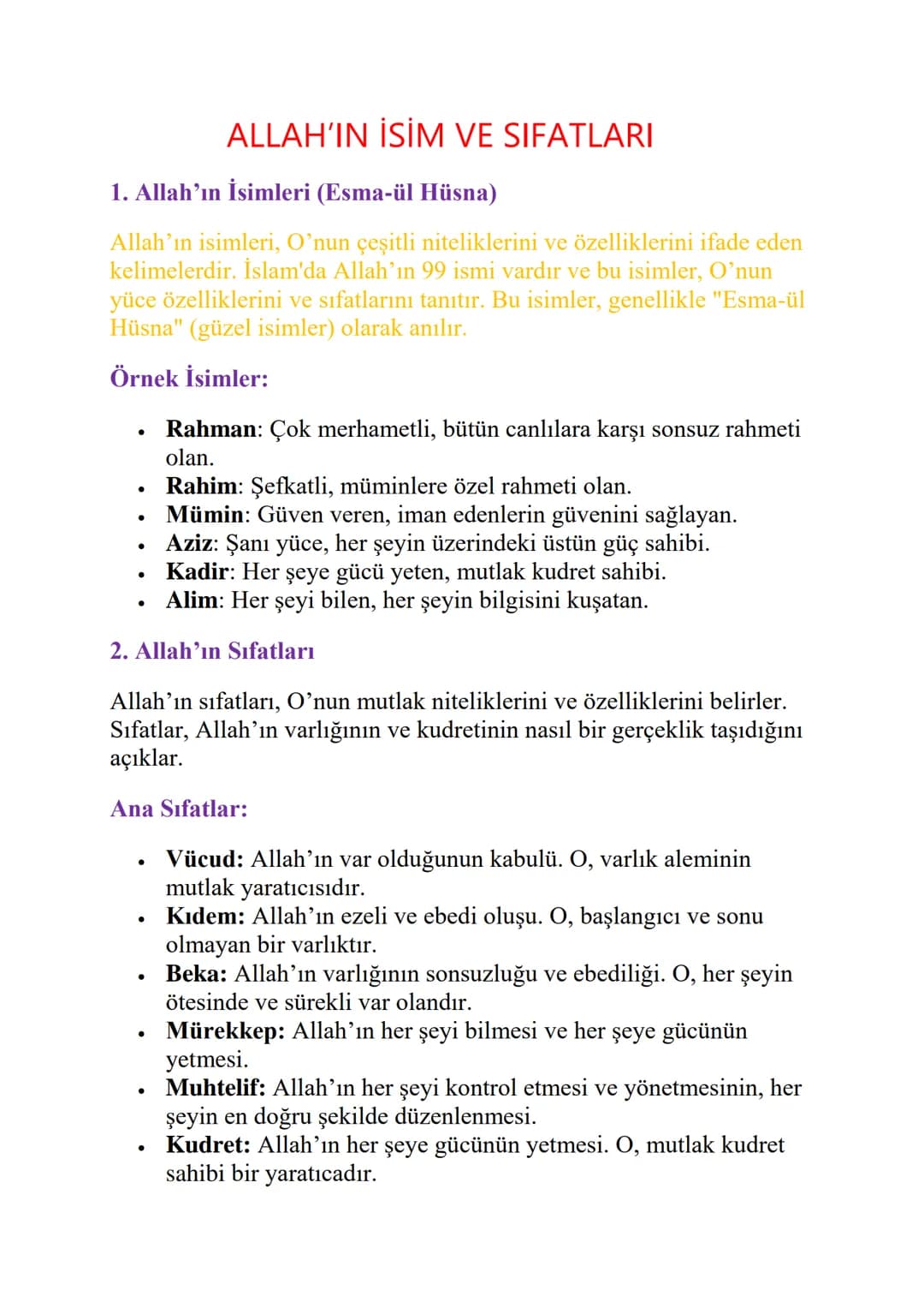 # ALLAH'IN İSİM VE SIFATLARI
1. Allah'ın İsimleri (Esma-ül Hüsna)
Allah'ın isimleri, O'nun çeşitli niteliklerini ve özelliklerini ifade ed